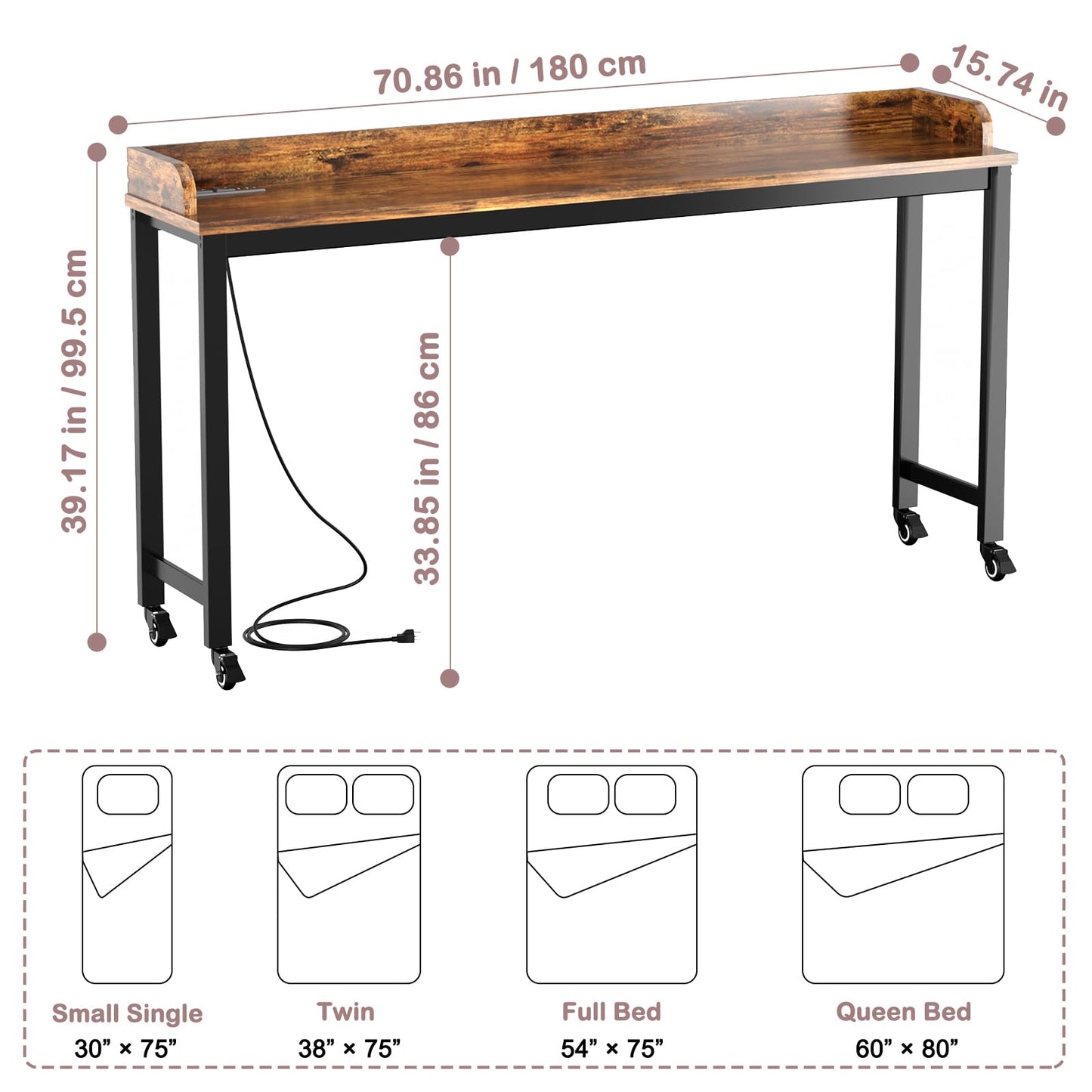 Ytaoka Table Overbed, Walnut, Queen Size, Wheels, Charging Station, 70.8" for Home and Hospital