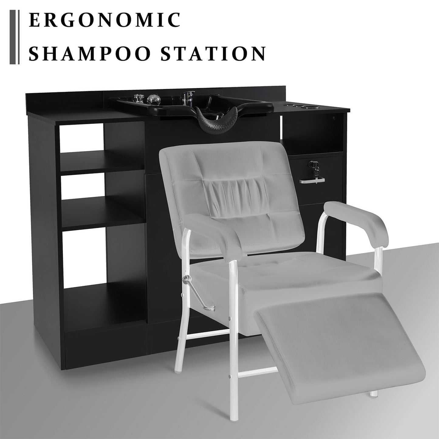 Shampoo Bowl with Cabinet, Shampoo Barber Backwash with Charging Station, Drawers, Storage Cabinet, Faucet Sprayer & Shampoo Bowl, Shampoo Cabinetry Hair Wash Sink for Beauty Spa Barber
