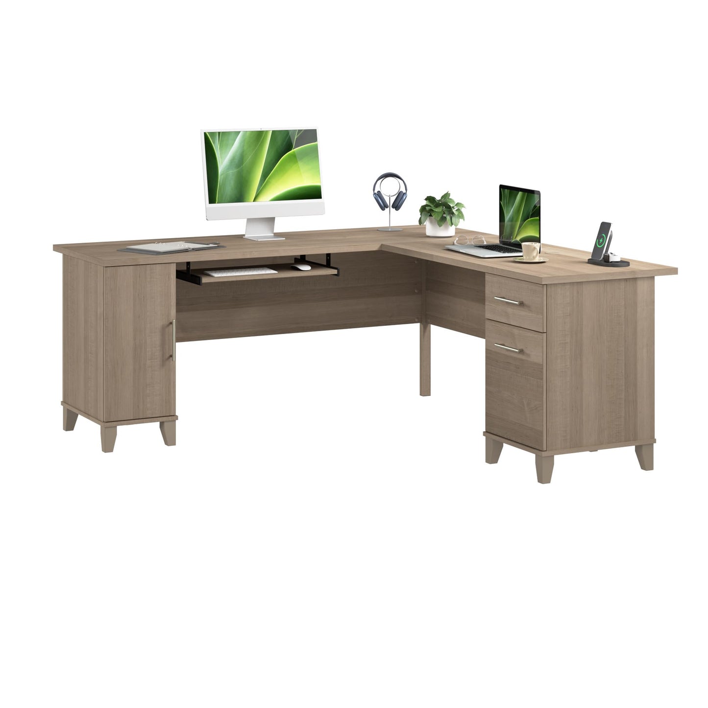 Bush Home 72-Inch L-Shaped Desk with Storage, Corner Computer Office Desk with File and Box Drawers, Home Office Workstation with Storage Cabinet, Somerset Collection, Ash Gray