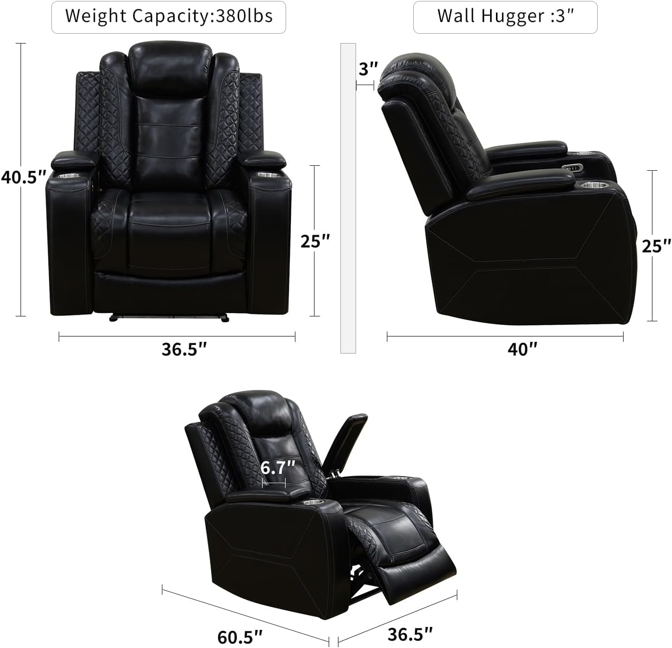 Trygoal Power Recliner Chair, Leather Recliners with Home Theater Seating, Oversized Single Electric Recliner Sofa Breathable Living Room Chairs for Adults Reading Gaming, Black