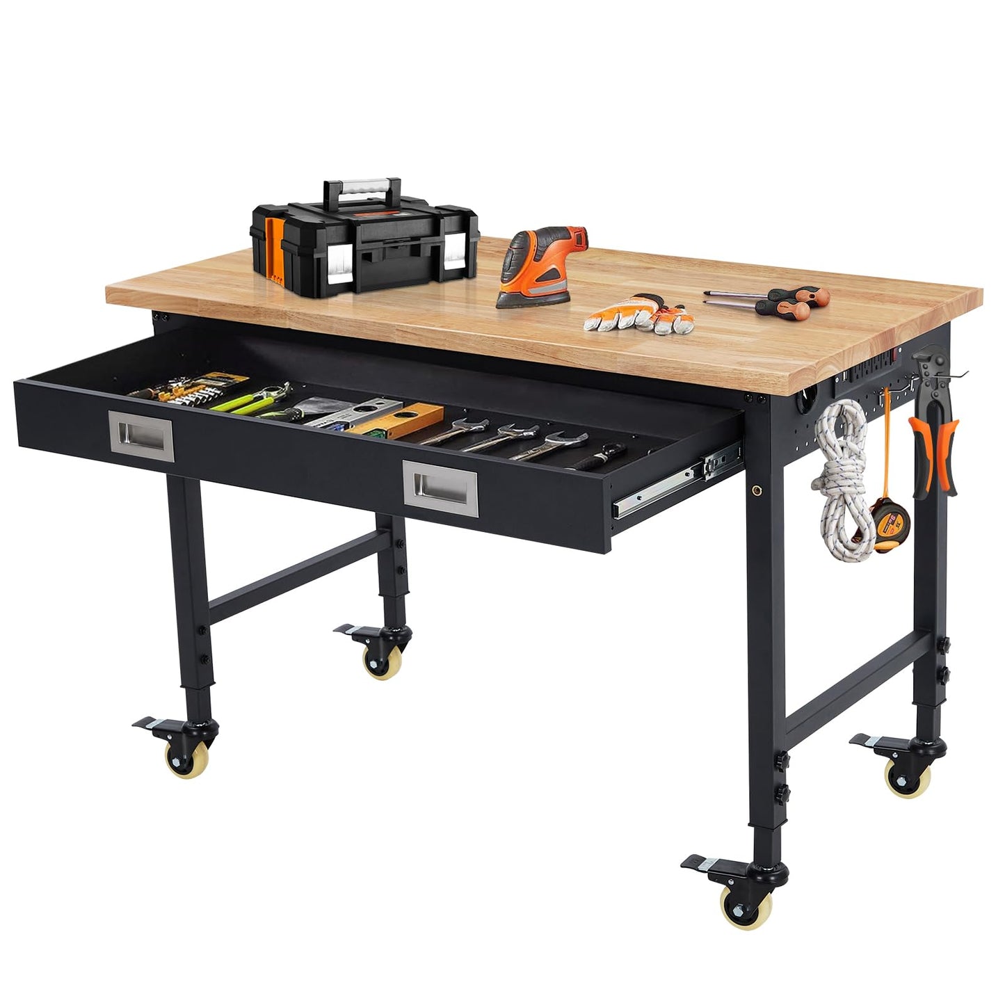 ACONEE 48" Adjustable Workbench, Heavy Duty Workstation 2000 LB Load Capacity, Rubber Wood Top Workstation with Drawer & 4 Rolling Casters, Power Outlets, Metal Frame, Workbench for Workshop Garage