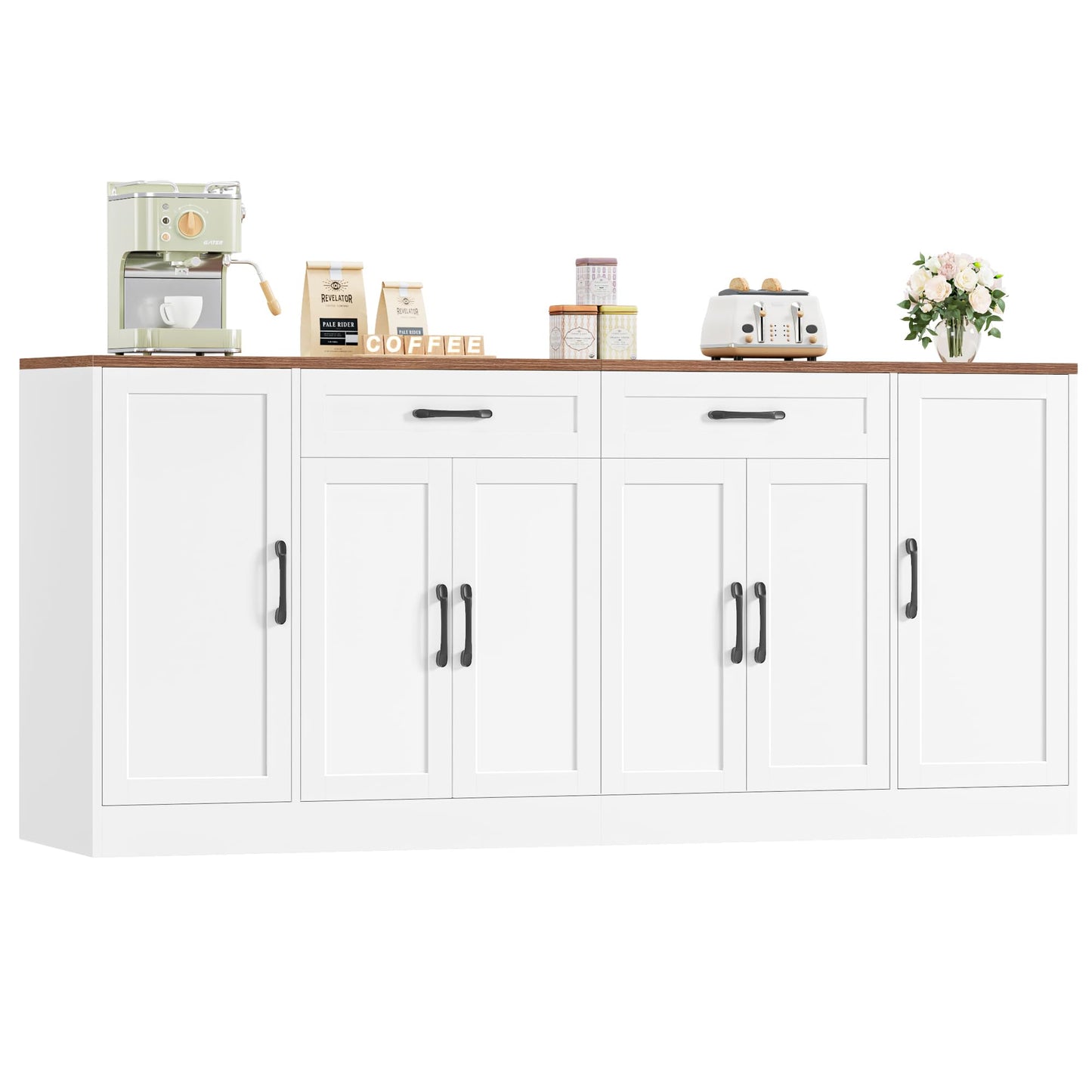 BOTLOG 71” Large Buffet Cabinet with Storage, Sideboard Buffet Cabinet with Adjustable Shelves and 6 Soft-Close Doors, Wood Coffee Bar Console Table for Kitchen, Dining Room, White