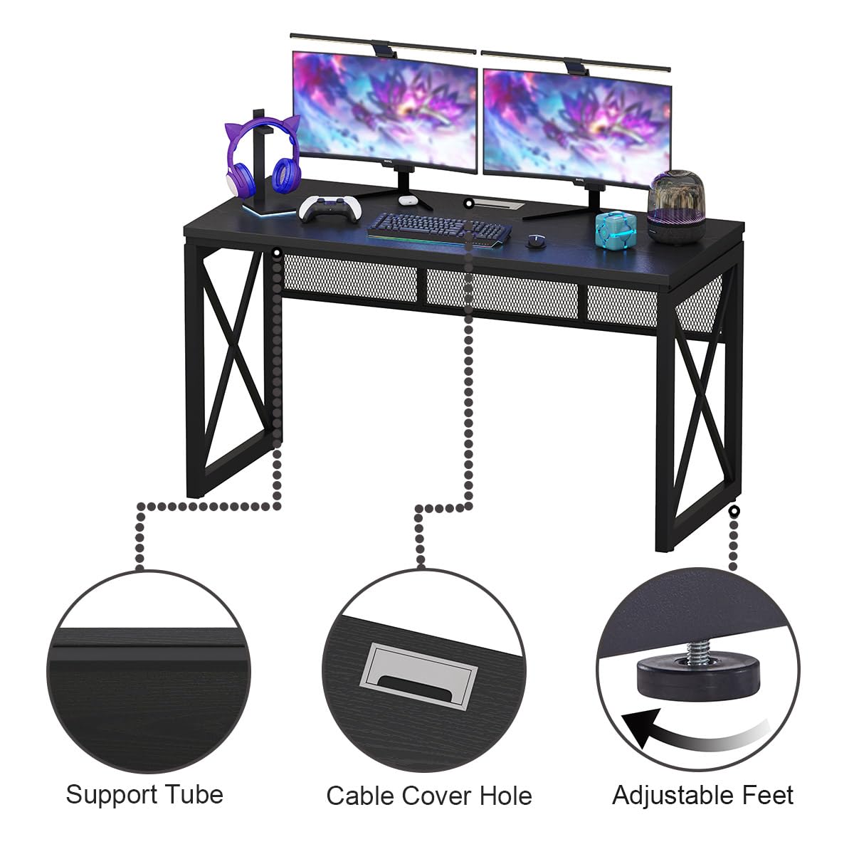 BON AUGURE Black Computer Desk, Modern Gaming Desk, Industrial Wood Office Desks, Sturdy Writing Desks for Home Office, Living Room, Study Workstation, Bedroom (Black, 54 Inch)