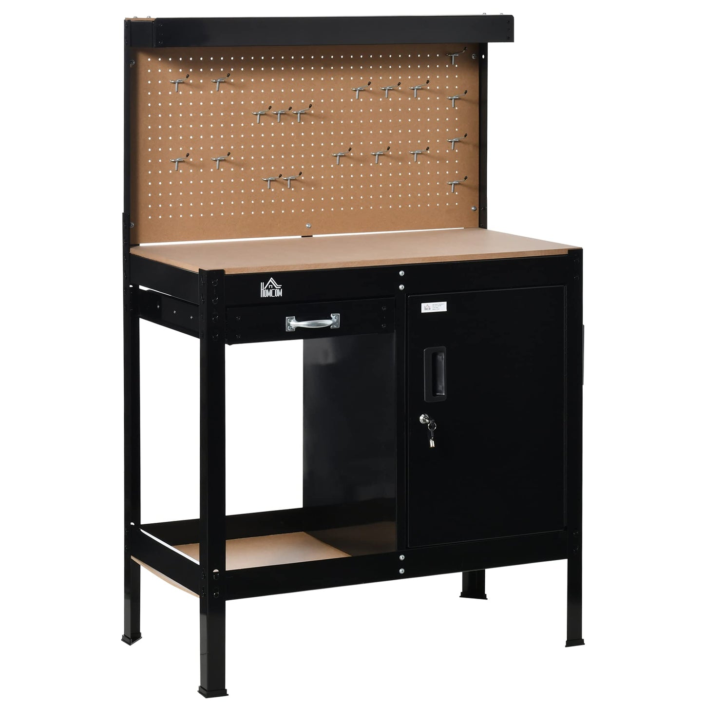 HOMCOM Multipurpose Workbench, Workshop Tool Table with Storage Cabinet with Lock and Keys, Slide Drawer, Peg Board