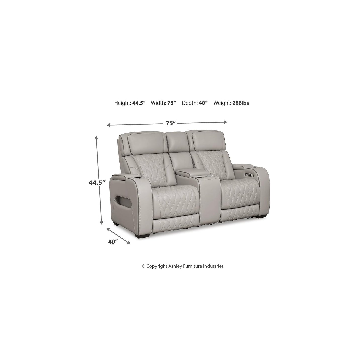 Signature Design by Ashley Boyington Contemporary Leather Match Power Reclining Loveseat with Console and USB Charging Ports, LED Lights and Adjustable Headrest, Light Gray