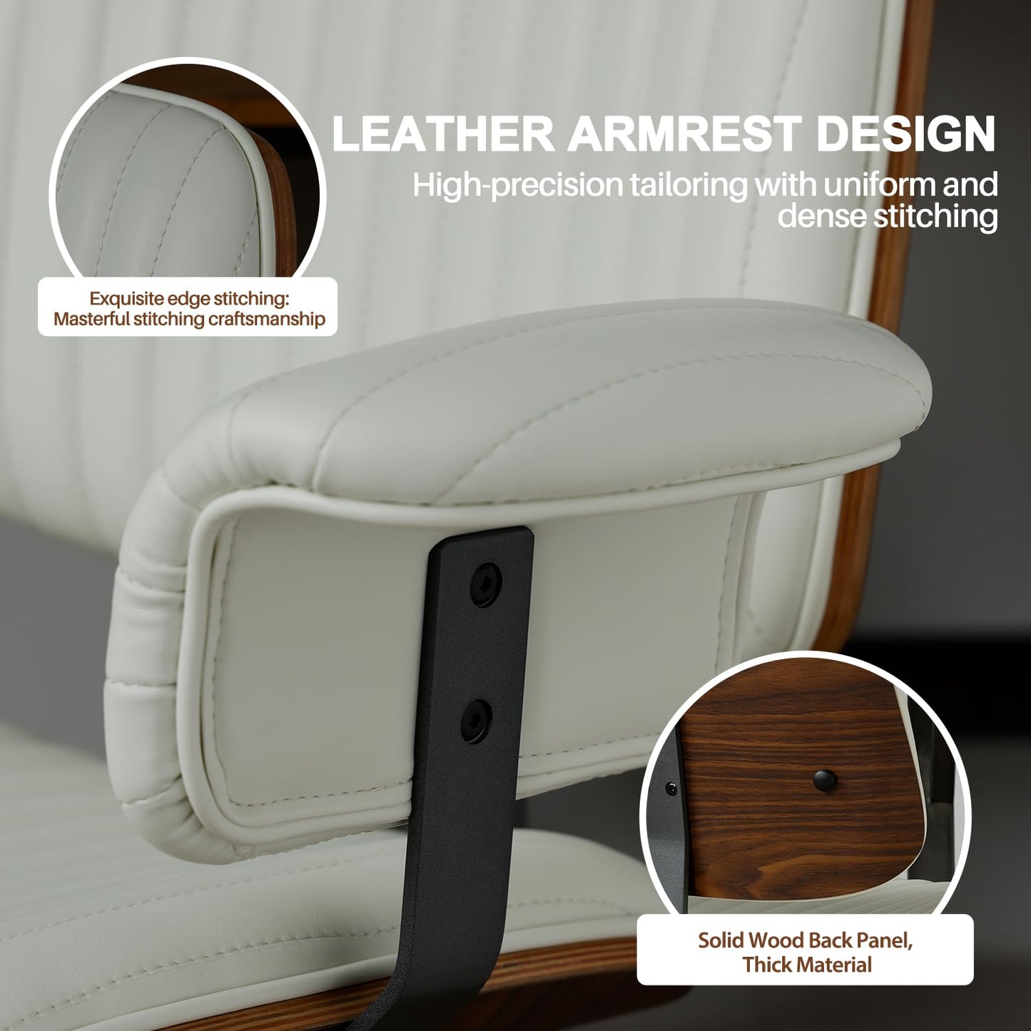 Leather Home Office Chair, Mid-Century Modern Executive Desk Chair with Padded Armrests, 360° Swivel Ergonomic Task Chair,Adjustable Height (PU Leather-Beige)