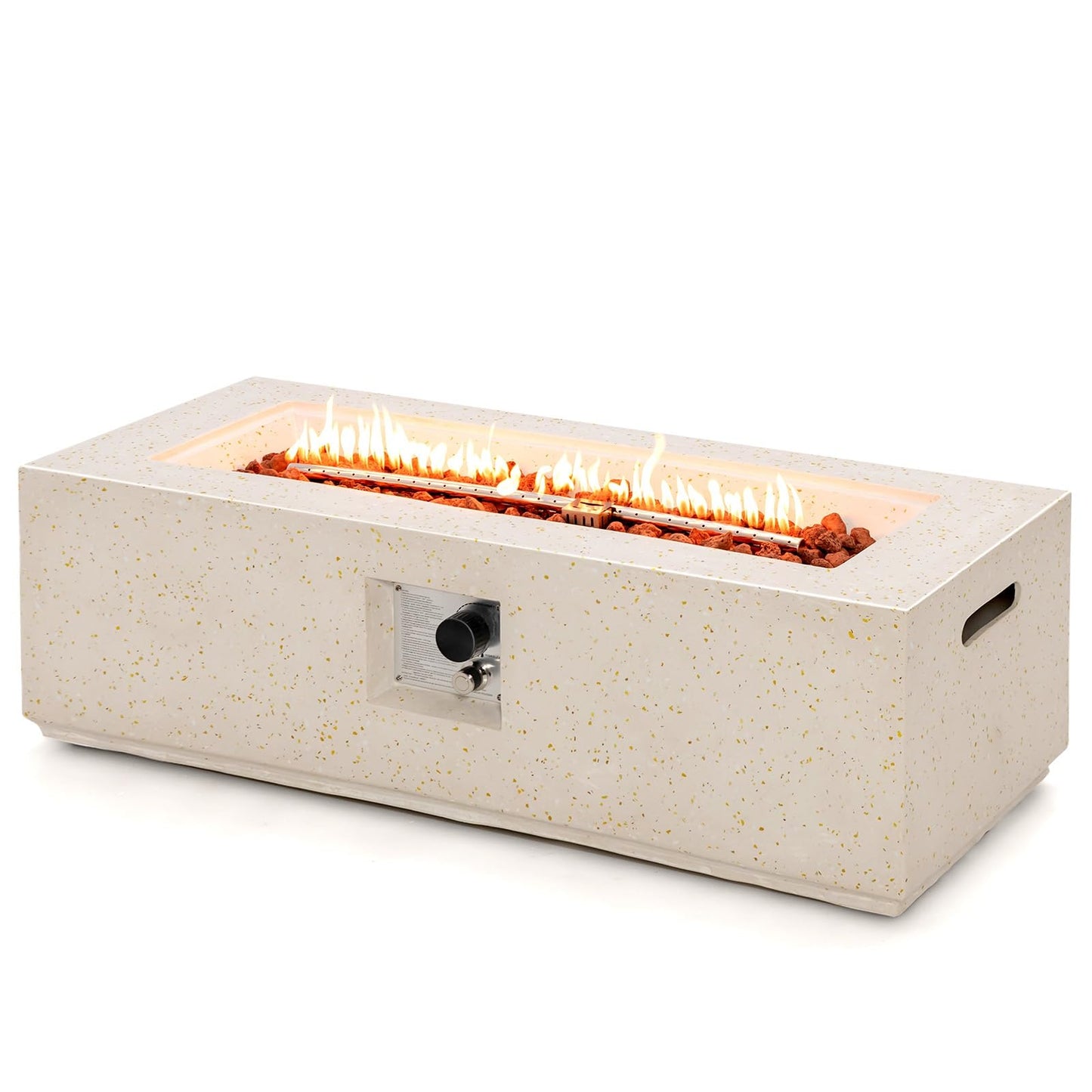 COSTWAY 42" Rectangle Fire Pit Table, Terrazzo Propane Gas Fire Table, Simple Ignition System & Stainless Steel Burner, Protective PVC Cover Included, Outdoor Fire Pit for Backyard, Garden