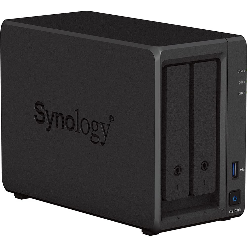 Synology DiskStation DS723+ NAS Server with Ryzen 2.6GHz CPU, 32GB Memory, 20TB HDD Storage, 1TB M.2 NVMe SSD, 2 x 1GbE LAN Ports, DSM Operating System