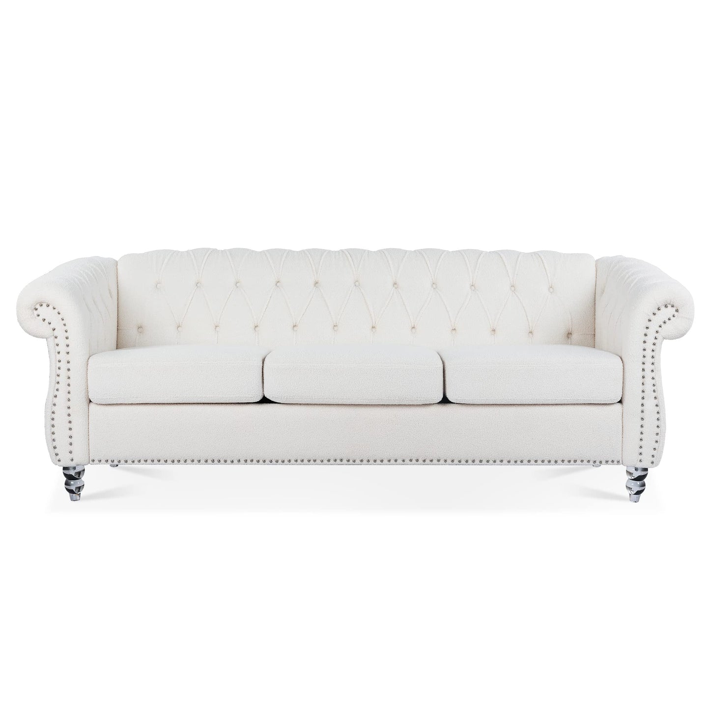 Ball & Cast 84" Chesterfield Sofa with Channel Tufted Seat Back,Classic 3 Seater Couch Removable Square Arm Nailhead Trim and Upholstered,Mid Centuryfor Living Room,Bedroom,Office,White Polyester