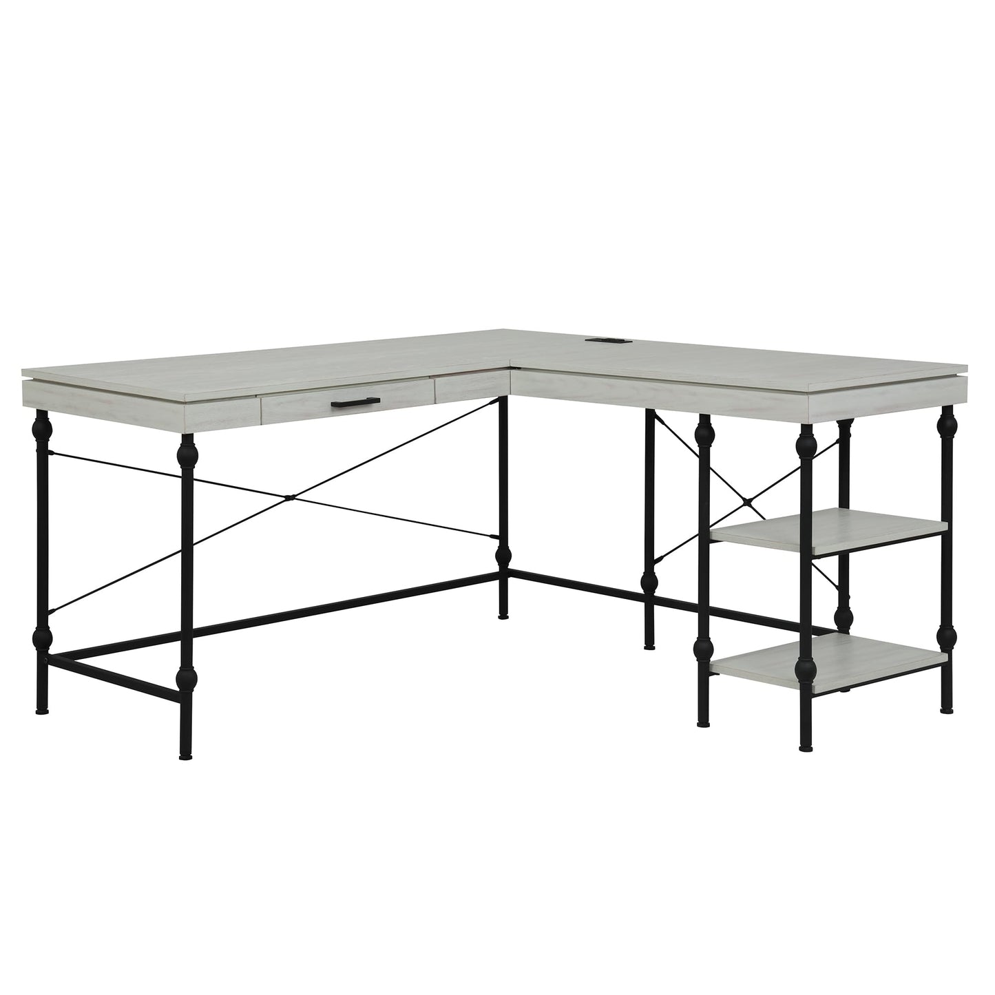 24/7 Shop at Home Monier Farmhouse Metal 2 Shelves Corner Computer Desk with USB Port, Power Outlet, 1 Drawer for Workstation, Home Office, Study Room, Antique White
