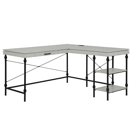 24/7 Shop at Home Monier Farmhouse Metal 2 Shelves Corner Computer Desk with USB Port, Power Outlet, 1 Drawer for Workstation, Home Office, Study Room, Antique White