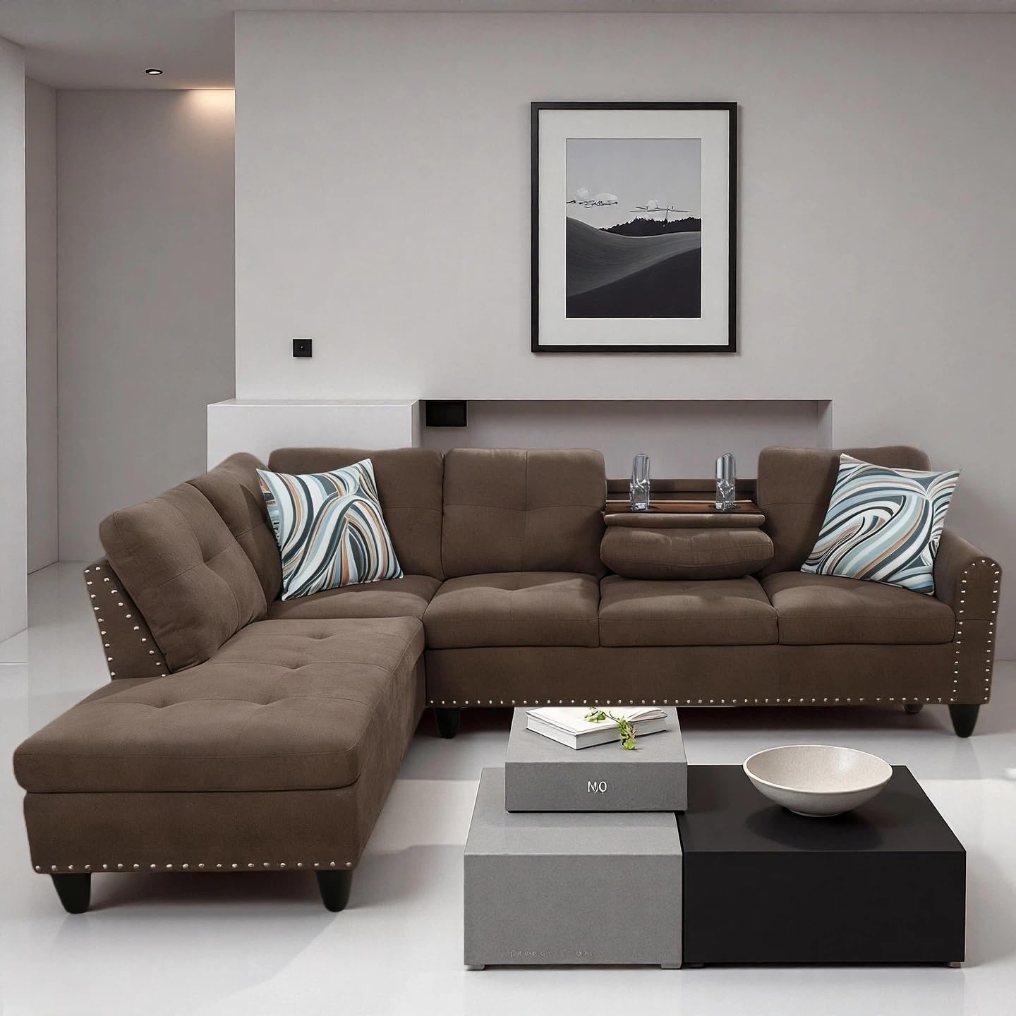 Trygoal L-Shaped Sectional Sofa with Cup Holder, 97 Inch Living Room Set with Chaise, Sectional Couches with Nailhead Trim, for Living Room, Apartment, Study, Brown