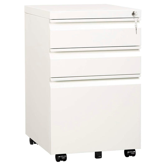 Mount-It! 3 Drawer File Cabinet with Lock and Wheels, Under Desk Storage Filing Pedestal for Home Office, No Assembly Small Rolling File Cabinet for Legal, Letter, and A4 Files in White