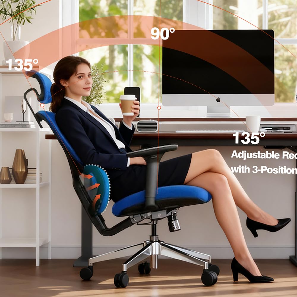 Jacia House Blue Ergonomic Mesh Home Office Chair, Big & Tall Gaming Chair - High-Adjustable Lumbar Support, 4D Armrests, 2D Headrest, 90°~135° Tilting with Lock, Swivel Desk Chairs 600lb Capacity