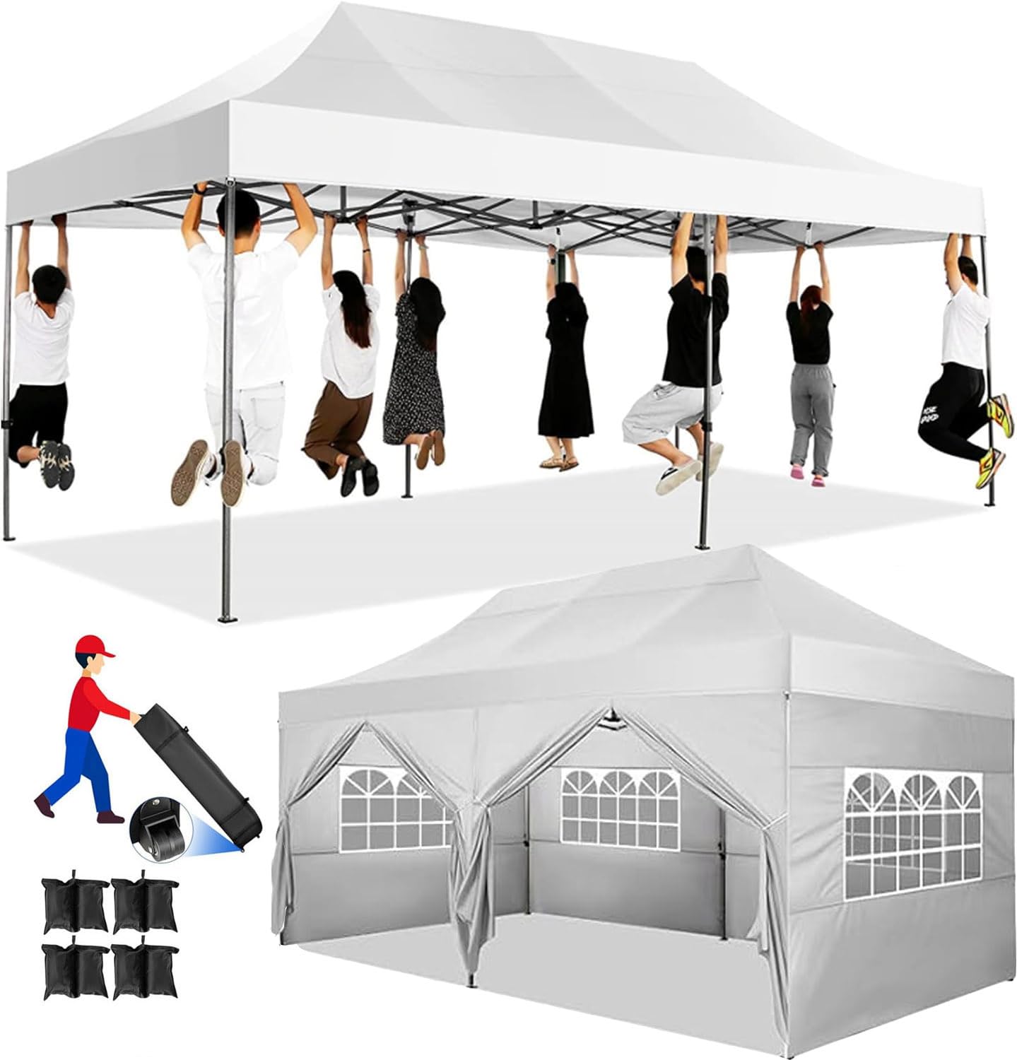 COBIZI 10x20 Pop up Canopy Tent Heavy Duty, Easy Set-up Commercial Outdoor Party Tents, 100% Waterproof Wedding Gazebo, 3 Height Adjustable with Wheeled Bag, White
