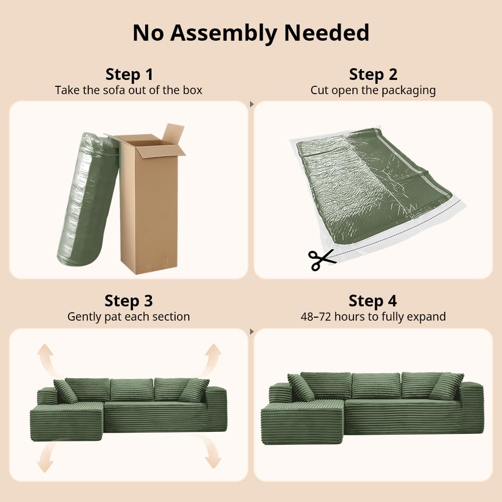 COMHOMA 105”Modular Sectional Sofa with Deep Seat,Cloud Upholstered L-Shape Couch Wide Arms Corduroy Fabric High-Density Foam Chaise Lounge for Living Room No Assembly Required,Green