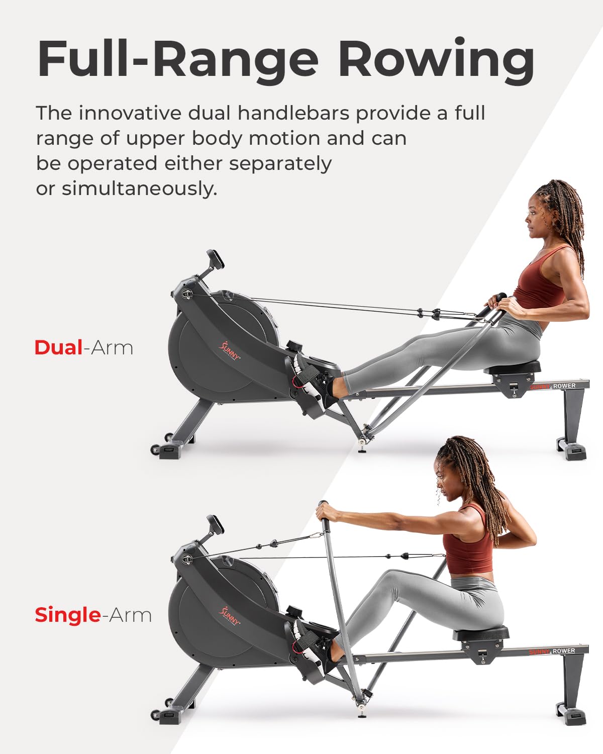 Sunny Health & Fitness Magnetic Rowing Machine with Extended Slide Rail, Full-Body Workout, Low-Impact, Innovative Full Motion or Premium Water Motion and Optional Exclusive Free SunnyFit App
