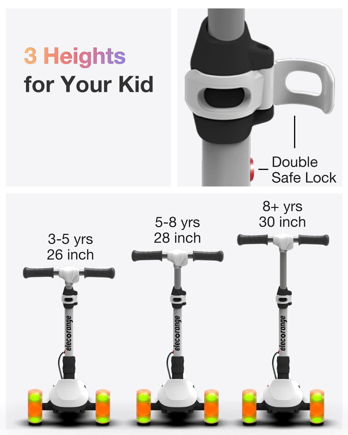 Elecorange 3 Wheel Electric Scooter for Kids, Light Up Deck, Big Flashing Wheels, Thumb Throttle, Adjustable Height, Foldable, 5mph, Lightweight, Kick Scooter, Toddler Electric Scooter Ages 5-8, Black