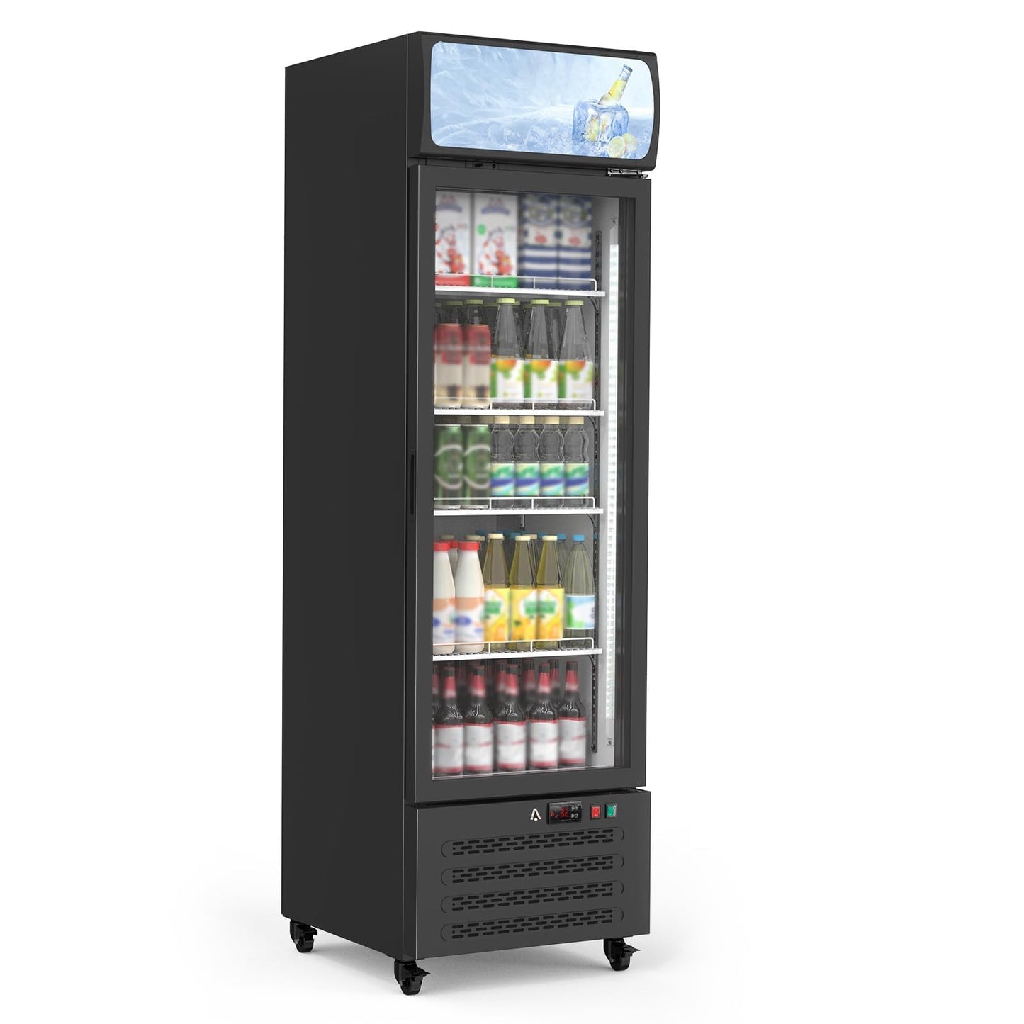 PeacefulHues 17.6 Cu.Ft Commercial Display Refrigerator,Glass Door Beverage Cooler with Adjustable Shelves,LED Lighting & Advertising Panel, Mobile Design