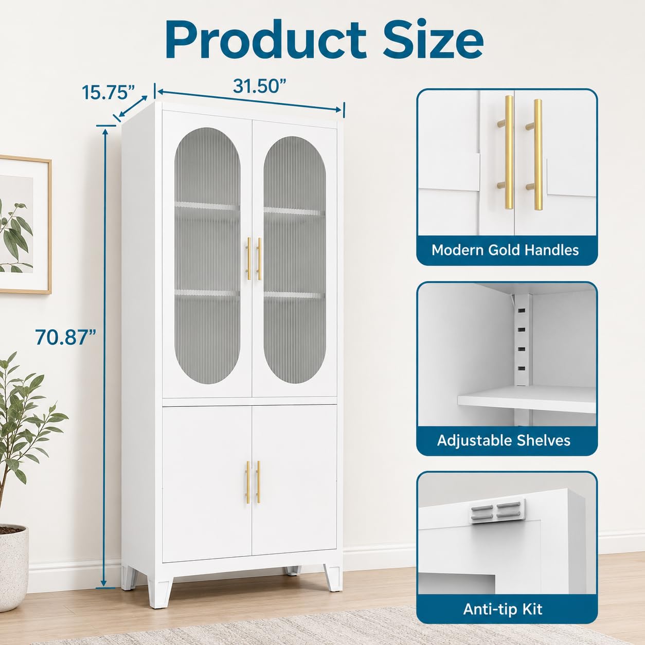 Arched Storage Cabinet with Glass Doors, 71" Tall Metal Pantry Cabinet, White Freestanding Storage with Upper Fluted Glass and Lower Metal Doors, Adjustable Shelves for Dining Room, Living Room