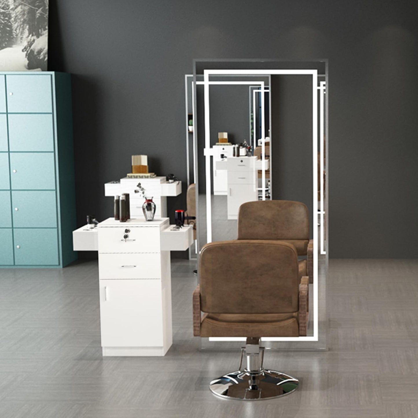 White Salon Cabinet, Storage Cabinet & Drawers, Stylist Barbershop Salon Locker Trolley Stations Beauty Salon Equipment, Portable Organizer Station for Barbershop Beauty Spa