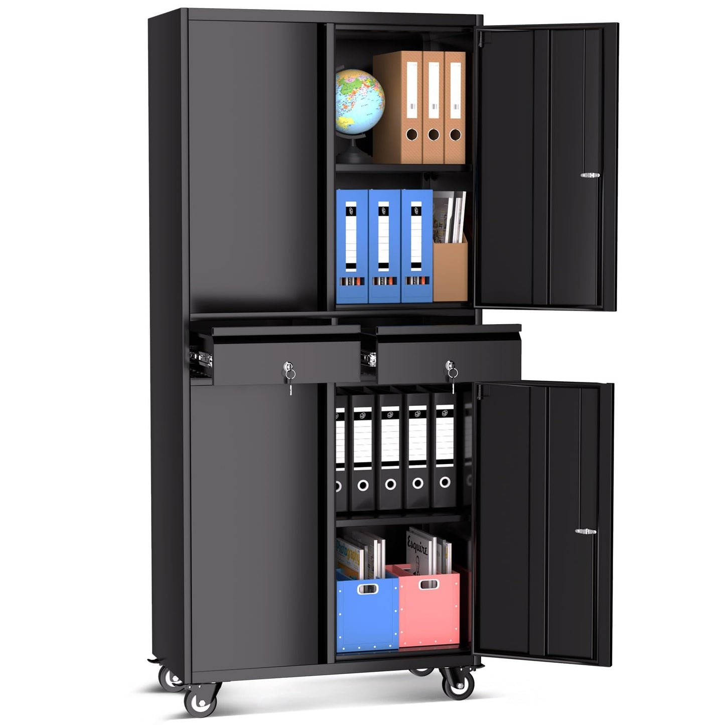 GarveeHome Garage Storage Cabinet, 73'' Metal Storage Cabinet with Wheels and Adjustable Shelves, Heavy Duty Storage Cabinet with Locking Doors and 2 Drawers for Office and Garage, Black