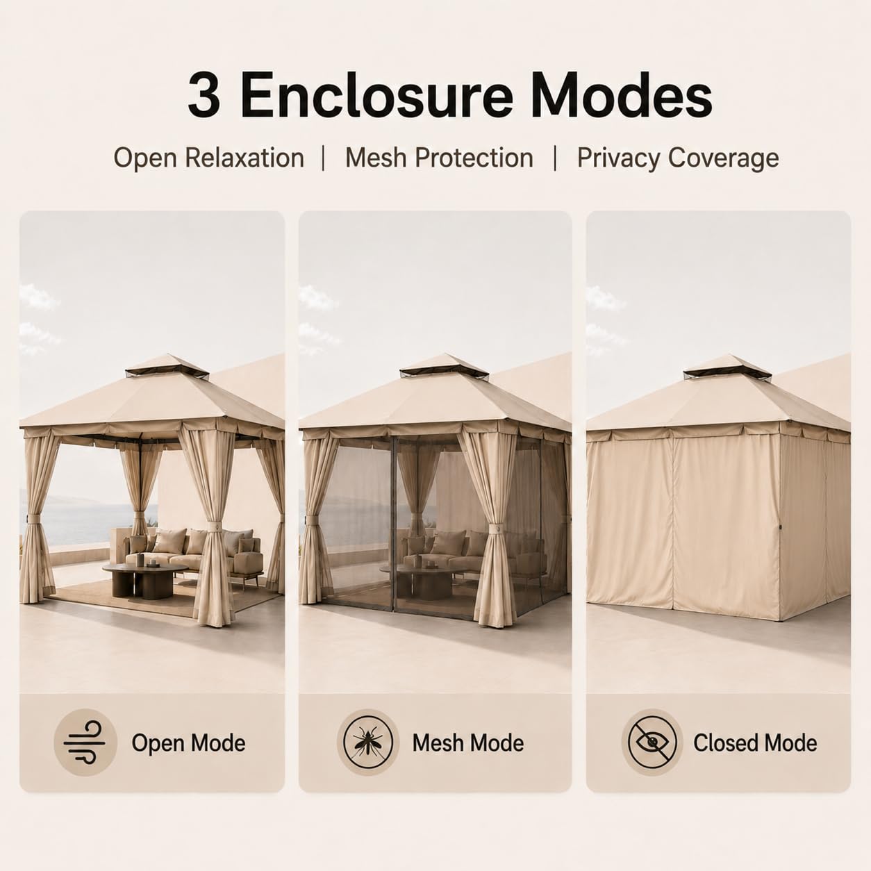 Kingdura 10'x13' Outdoor Gazebo, Heavy Duty Metal Patio Canopy Tent Shelter with Double Roof, Mosquito Netting & Privacy Curtains for Backyard, Garden, Deck, Lawn, Khaki