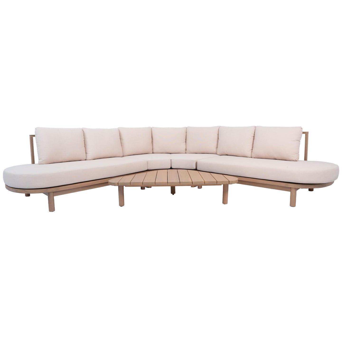 Merax 5 Piece Patio Acacia Wood Curved Sectional Sofa Set, Outdoor Half- Moon Sofa Couch with Waterproof Cushions, 1 Coffee Table for Garden, Lawn, Backyard, Poolside, Beige+Brown