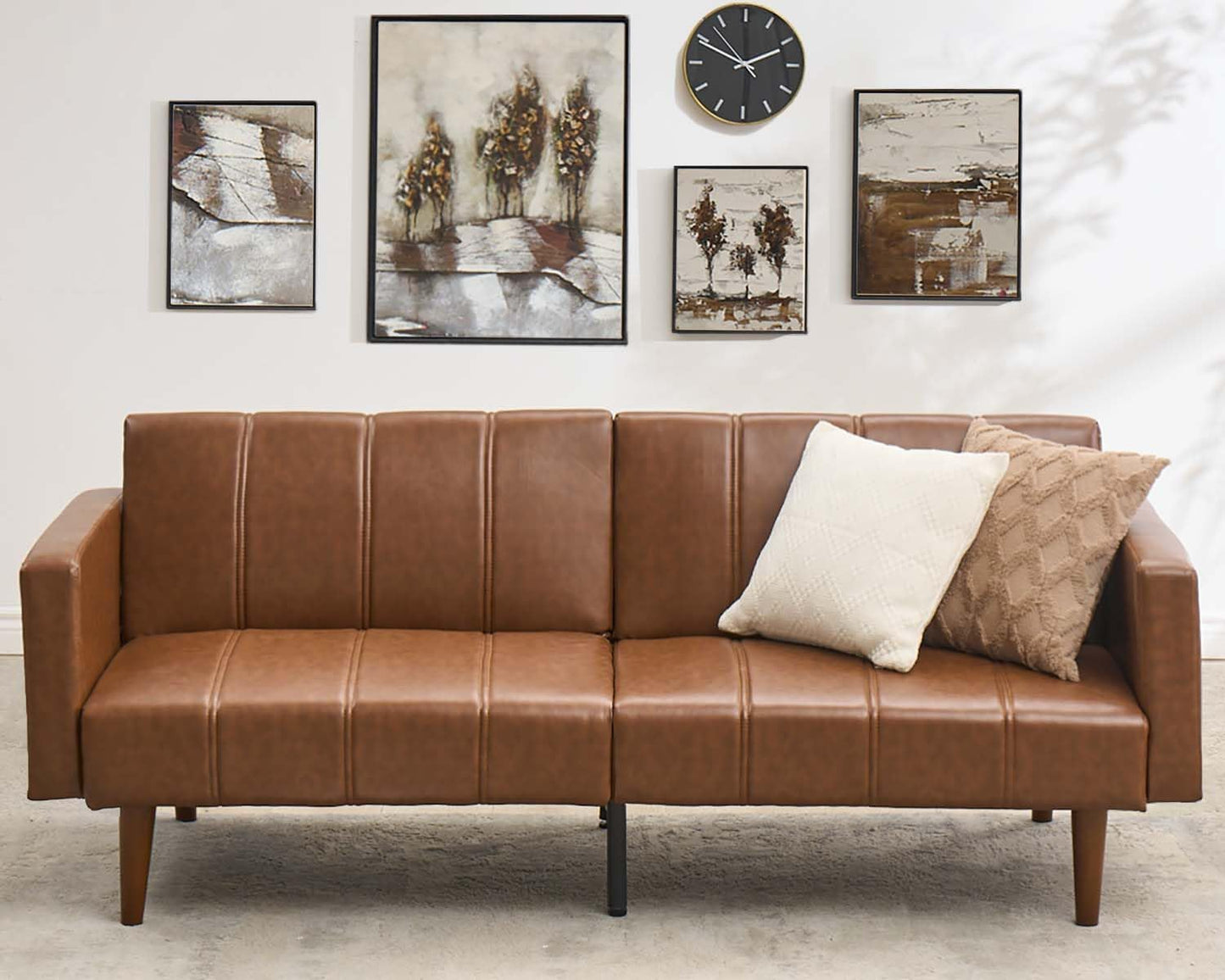 GOCAPTAIN 75" Convertible Futon Sofa Bed, Mid-Century Modern PU Leather Couch with Adjustable Backrest, Sleeper Loveseat with Side Pockets, Easy Assembly for Living Room & Guest Room (Brown)