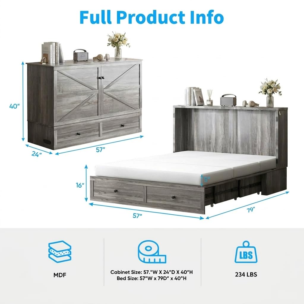 Mjkone Full Size Murphy Bed Cabinet with 5” Tri-Folding Foam Mattress, Foldable Convertible Chest Cabinet Wall Bed with Drawers & USB Charging Station for Small Spaces, Guest Room, Studio, Grey