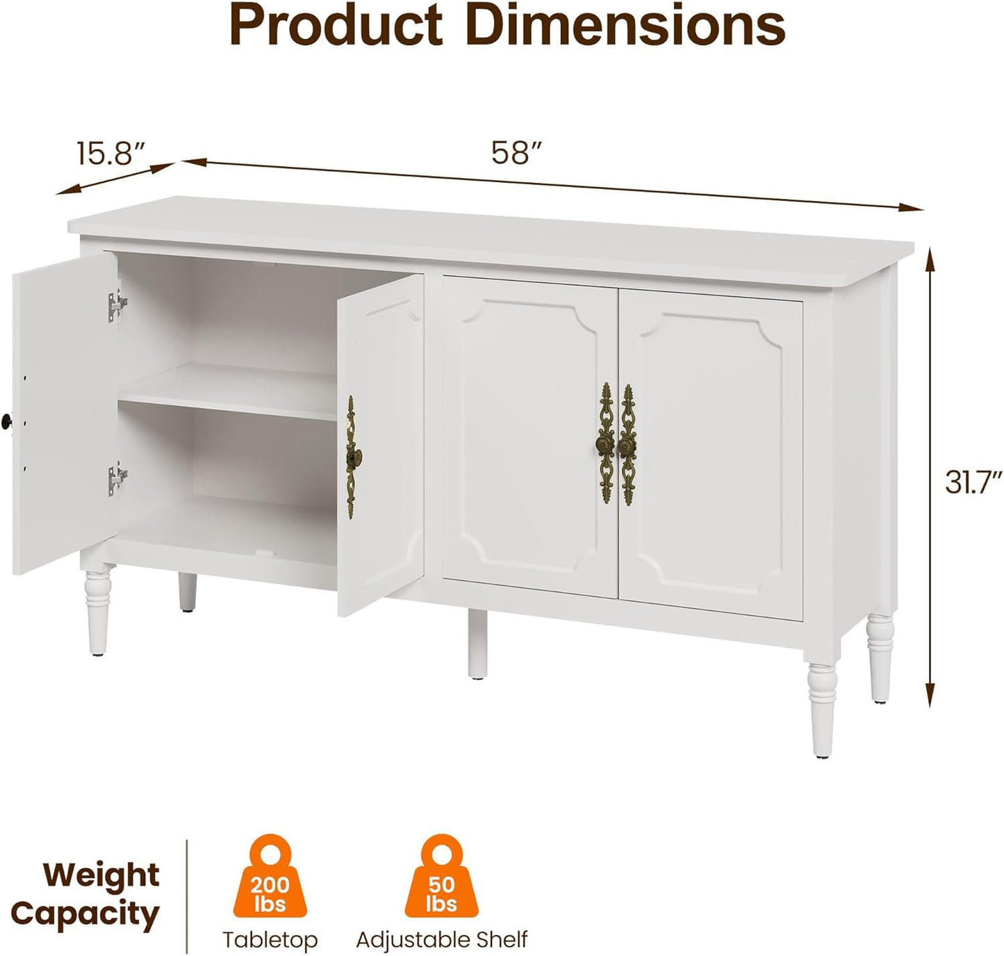 FansaFurn 58'' Large Sideboard Buffet Cabinet with 4 Doors, Modern Credenza Buffet Table for Coffee Bar, Storage Cabinet for Dining Room Living Room, White