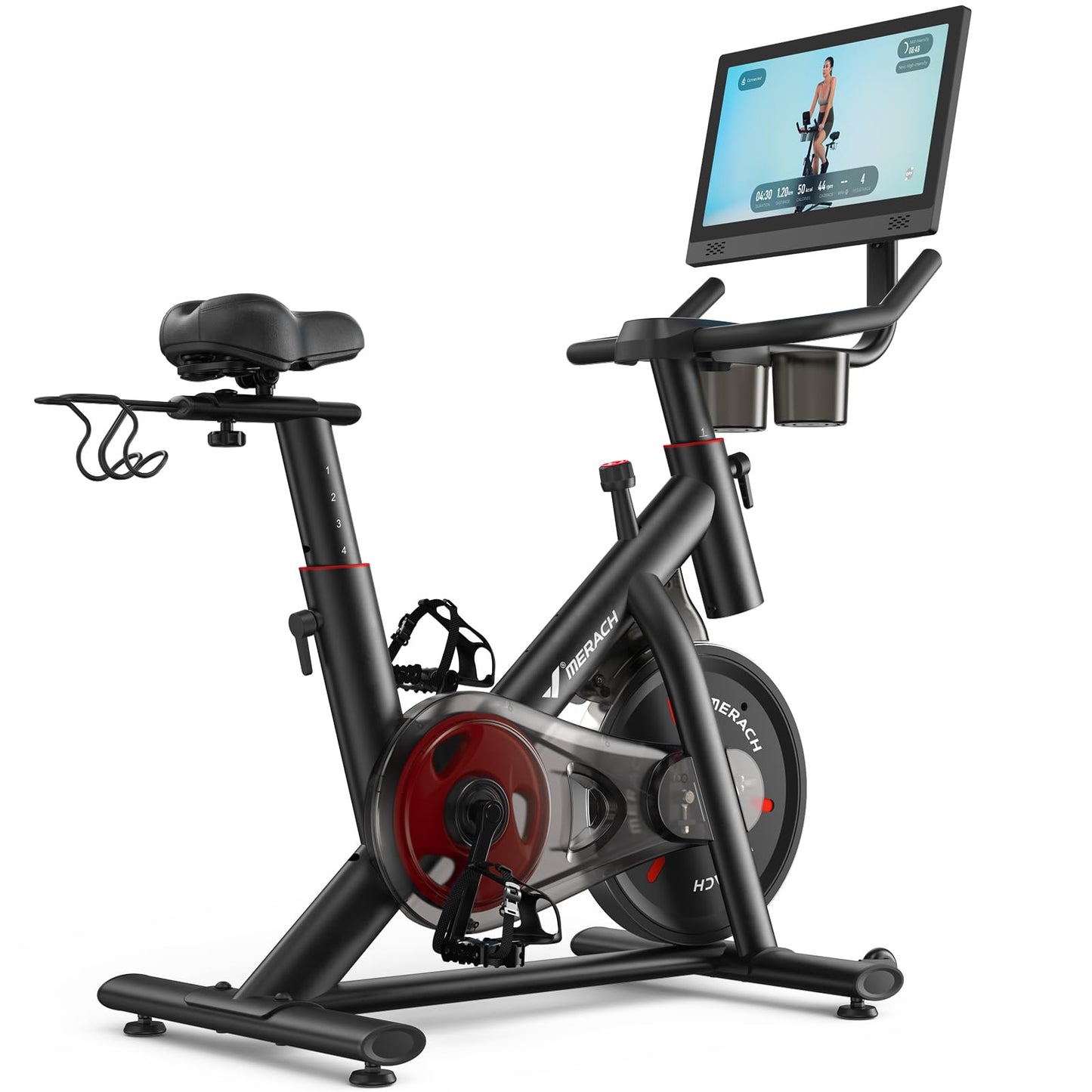Merach Exercise Bike, Magnetic Friction Stationary Bike with Brake Pad and Exclusive App, Low Noise Indoor Cycling Bike with 300lbs Weight Capacity, Tablet Mount and Fitness Courses for Weight Loss