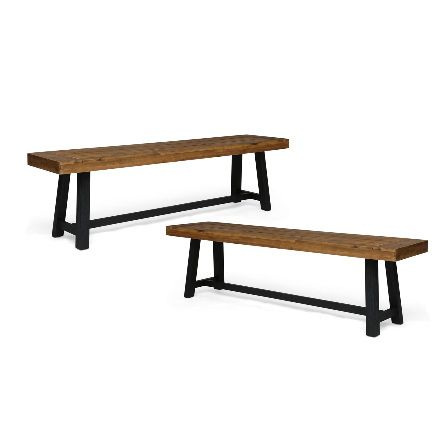 Merax 2-Piece Acacia Wood Outdoor Benches Set, 63" Rustic Patio Bench with Sandblast Teak Finish and H-Stretcher Design, Solid Hardwood Garden Bench for Dining, Porch, Fire Pit, Teak+Black
