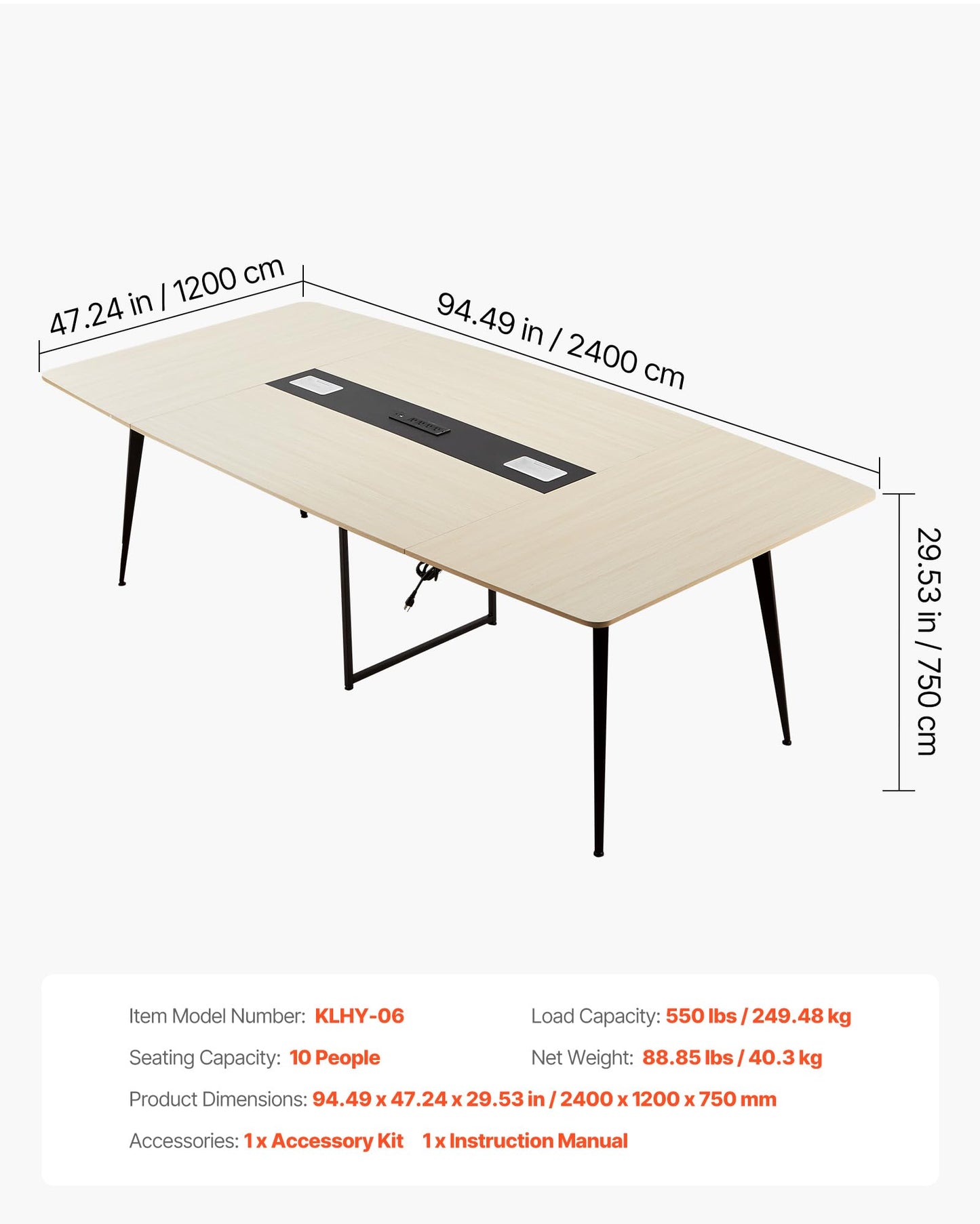 VEVOR Conference Table, 8 ft Boat Shaped Office Meeting Table with Charge Station for 10 Person, Modern Boat Seminar Meeting Desk with Metal Legs for Office, Boardroom, Conference Room, Easy Assembly