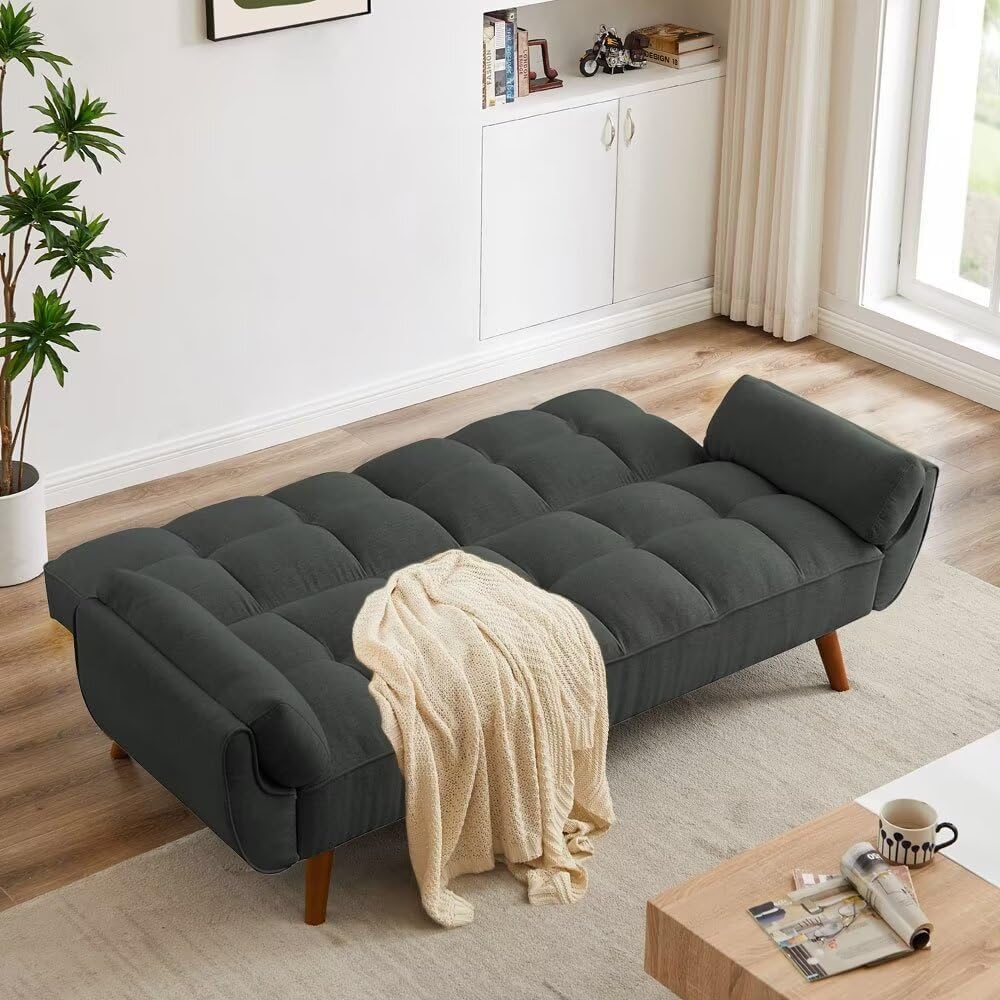 Trygoal Convertible Futon Sofa Bed, Modern Futon Couch with 2 Pillows, Small Futons Couch with Adjustable Armrest & Backrest, Loveseat Sofa Bed for Living Room, Bedroom, Beige