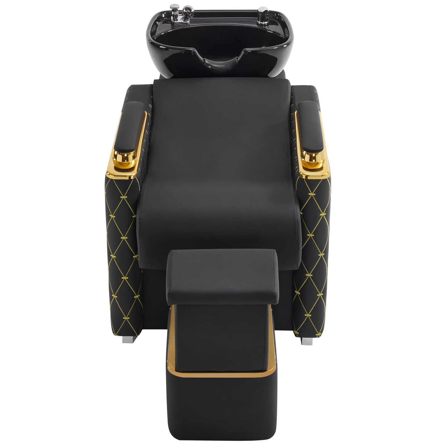 BarberPub Backwash Shampoo Station Chair with Porcelain Ceramic Hair Wash Bowl, Vacuum Breaker, Professional Black&Gold Shampoo Chair for Salon and Spa 8613 (Black&Gold)