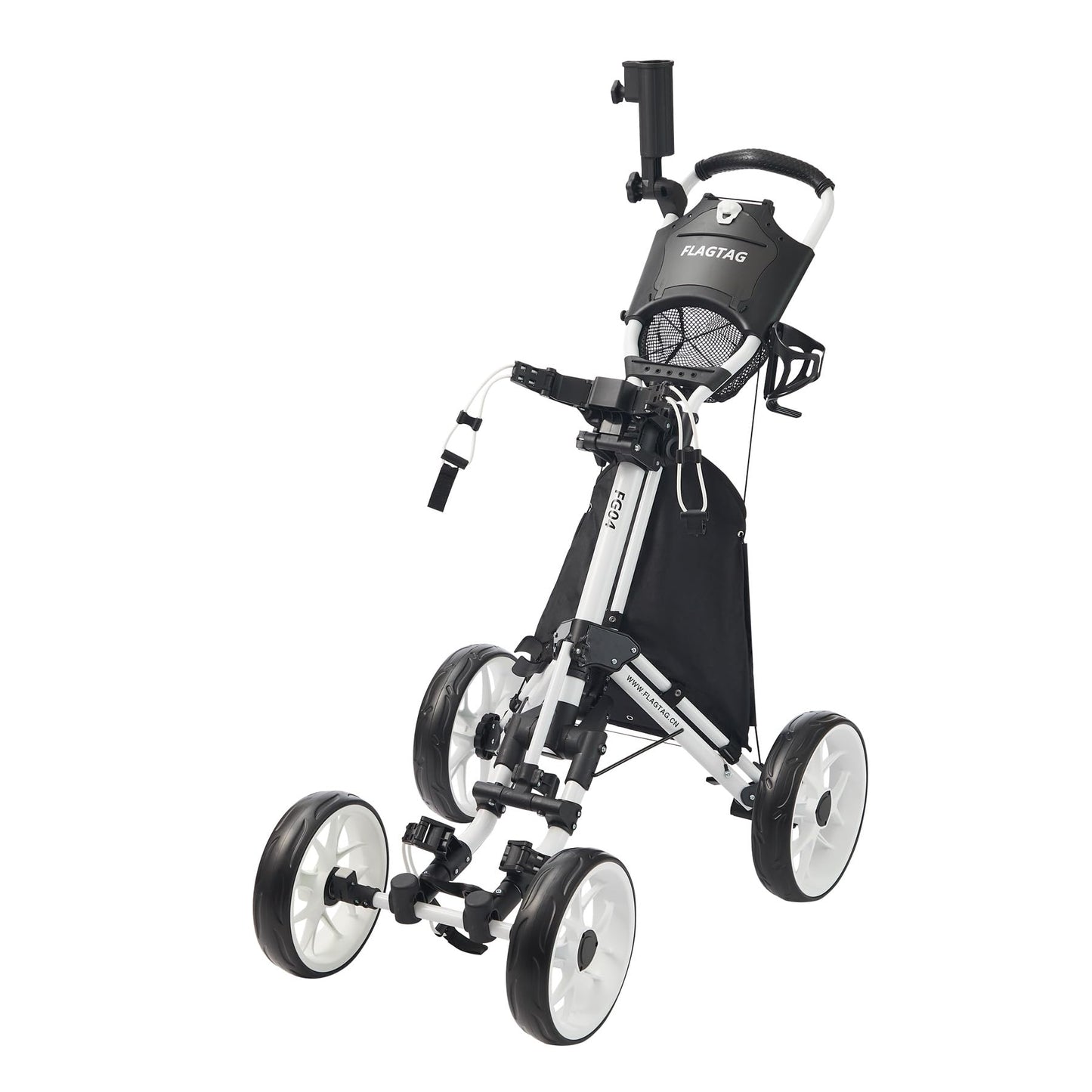 FLAGTAG Golf Push Cart 4-Wheels,Folding Golf Cart, Golf Pull cart with Cup Holder,Umbrella Holder,Cooler Bag, Foldable with one-Click,Handle Height Adjustable,Drink Holder,Walking Push cart