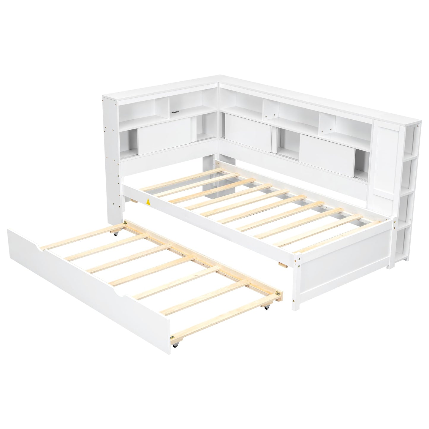 Merax Twin Size Modern Upholstered Platform Bed with USB Ports & Trundle Bed, Floor Daybed with Wood Slat Support, Storage Bed Frame with Headboard/Twin, White