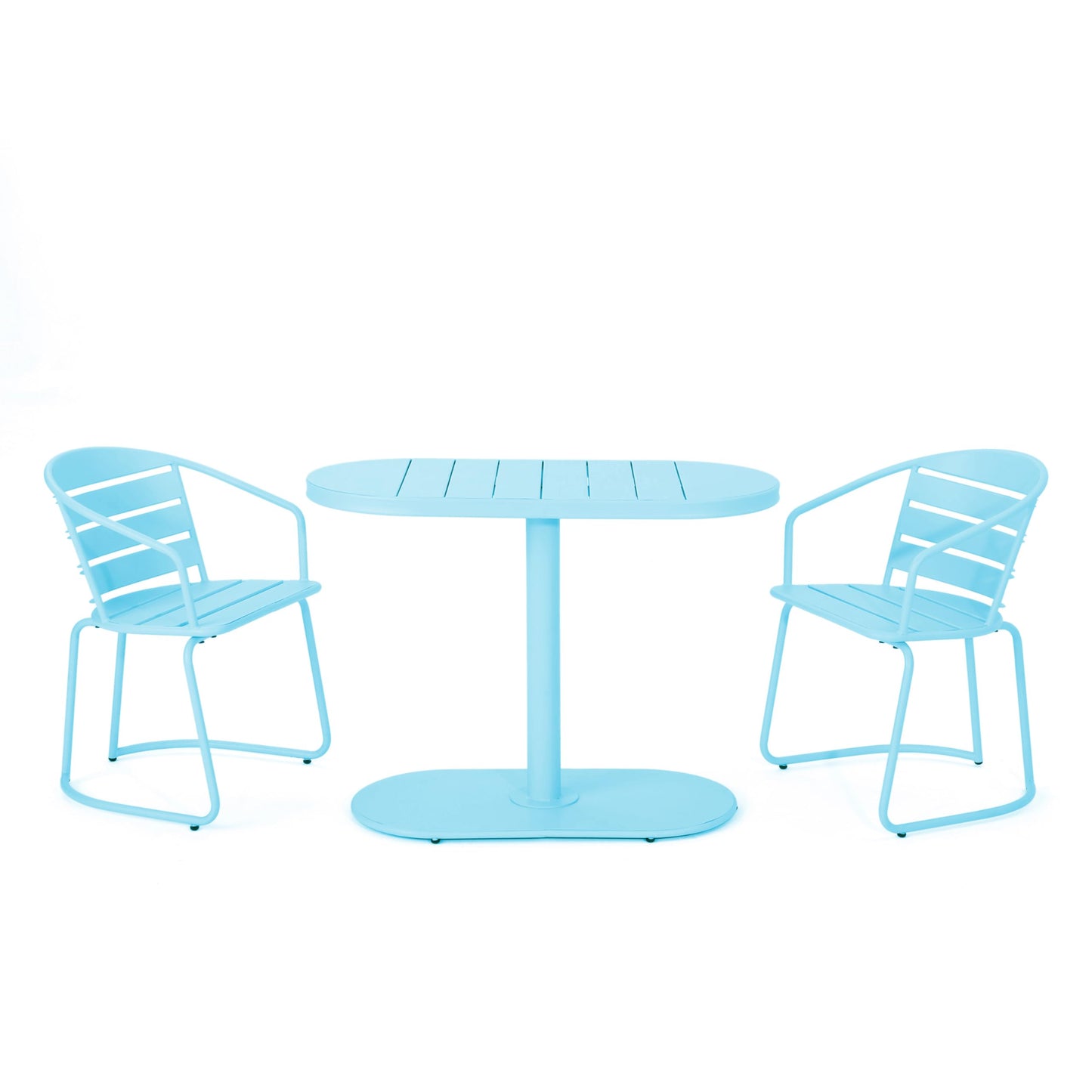 Christopher Knight Home Adley Outdoor Bistro Set, 3-Piece Bistro Table and Chair Set of 2, Patio Furniture Set with Iron Frame, Outdoor Bistro Dining Set, Poolside/Garden Cafeteria, Matte Light Blue