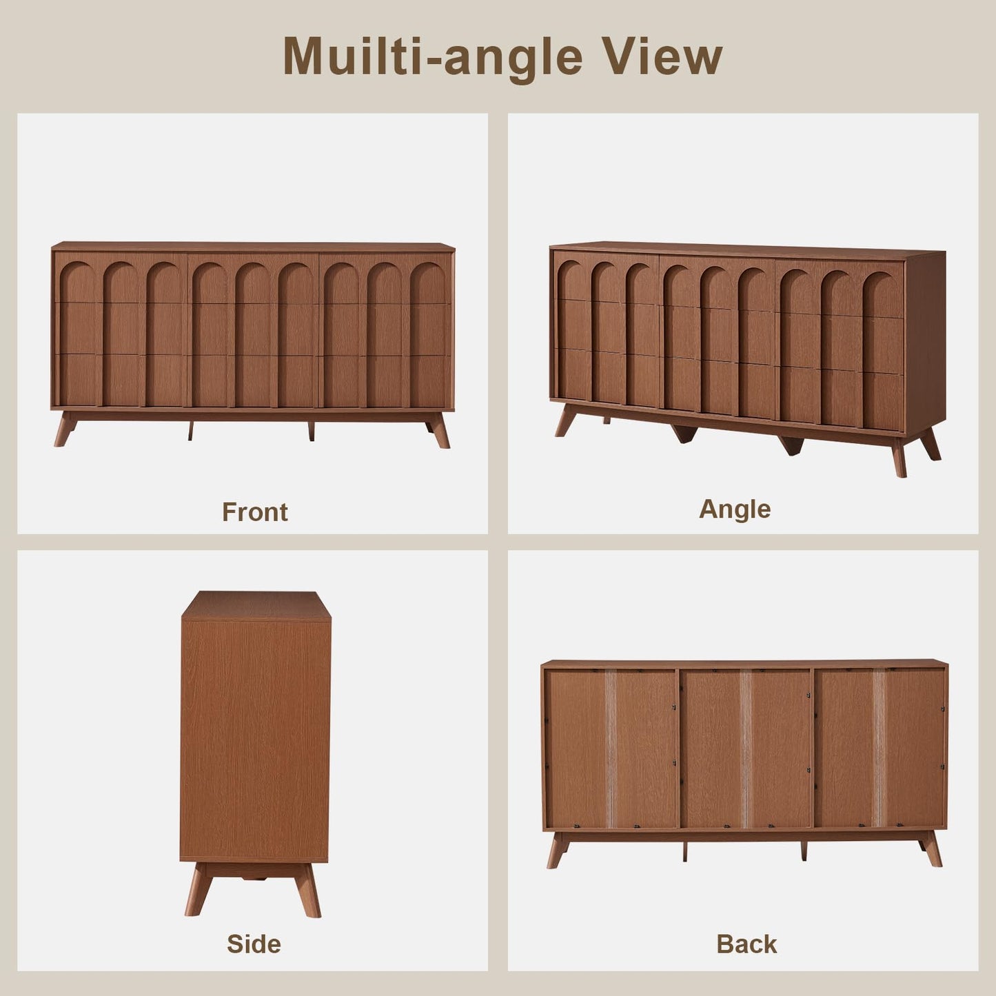 Oak&Sparrow Mid Century Modern Dresser for Bedroom, Walnut 9 Drawer Dresser with Arched Front, 63'' Wide Chest of Drawers Wood Storage Organizer for Living Room