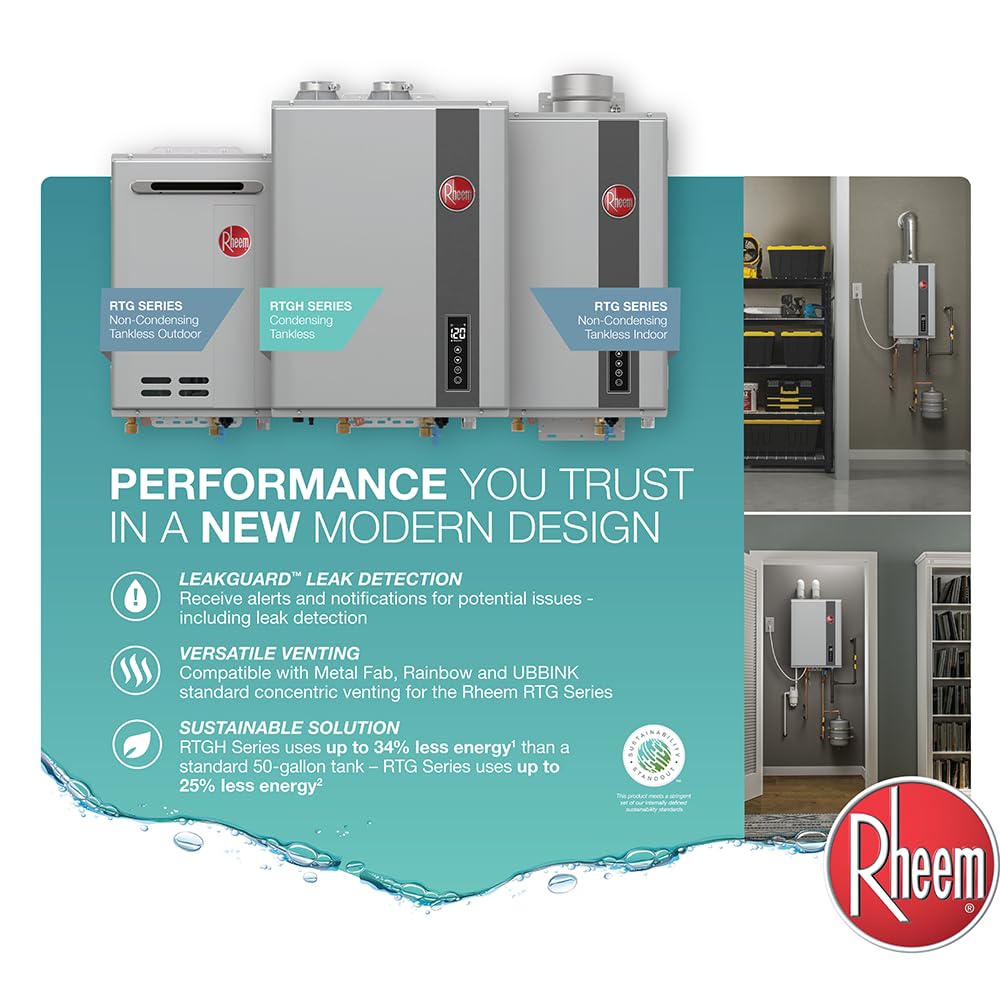 Rheem RRTGH95DVLP3701178 Rheem RTGH Series 9.5 GPM 199,900 BTU 120 Volt Residential Indoor Liquid Propane Tankless Water Heater Stainless Steel