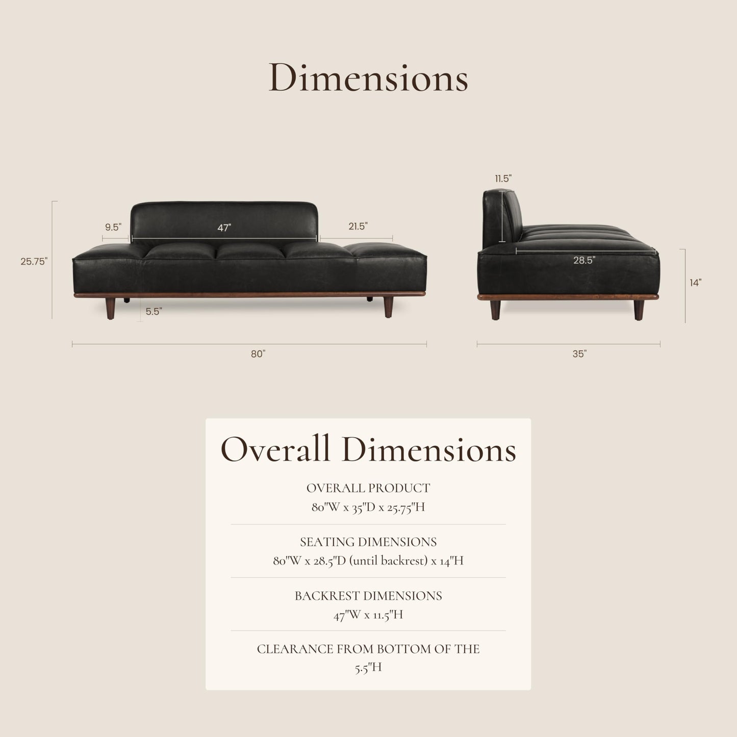 Poly & Bark Jasper Daybed – Onyx Black - Full-Grain Semi-Aniline Leather Upholstery – Walnut-Stained Ash Wood Frame, 6.6 Feet – Modern Daybed for Living Room or Guest Space– Minimal Assembly