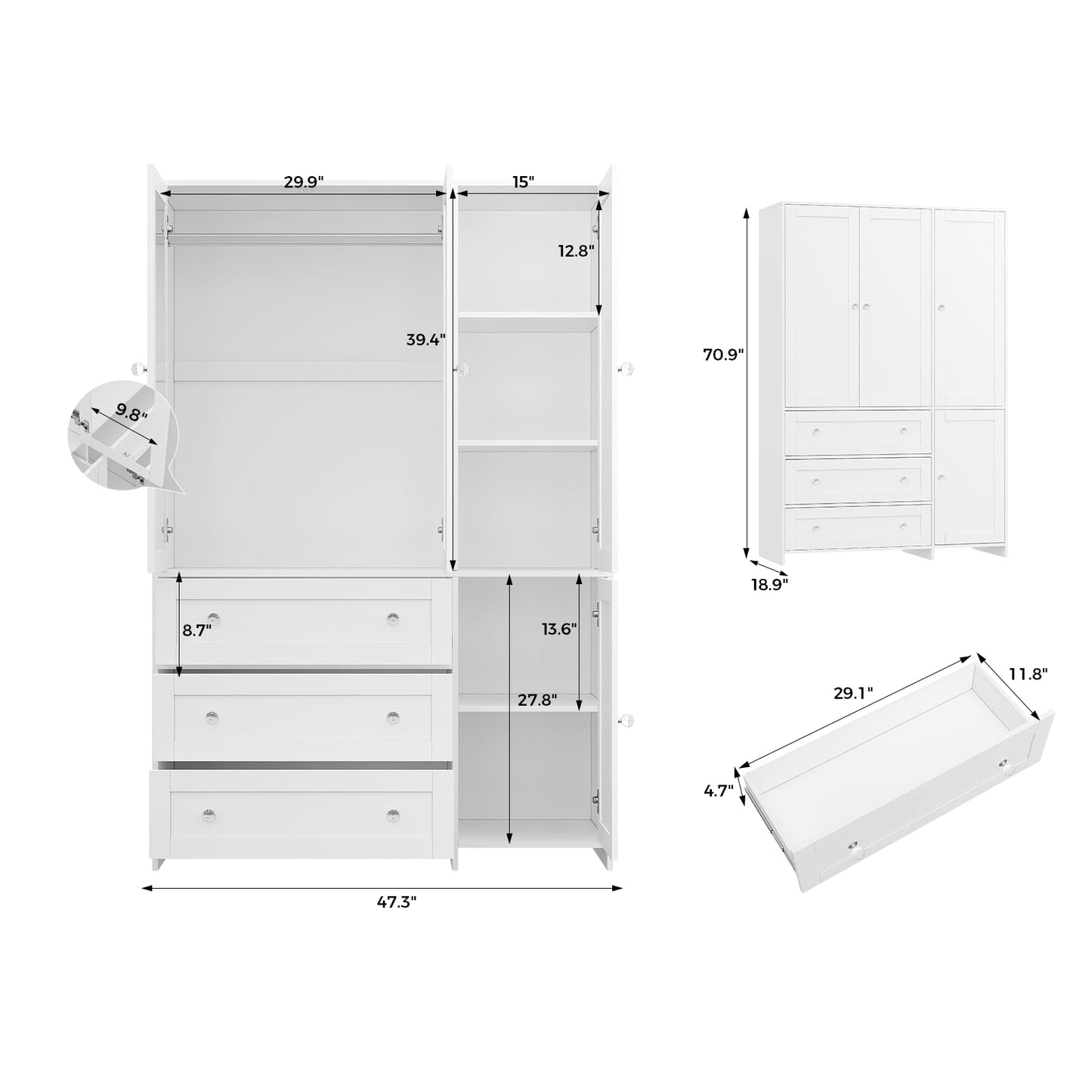 VOWNER Armoire Wardrobe Closet with Drawers and Mirror, 71" Clothing Storage Cabinet with Hanging Rod, 4 Doors Wooden Wardrobe Cabinet for Bedroom, Large Capacity Storage