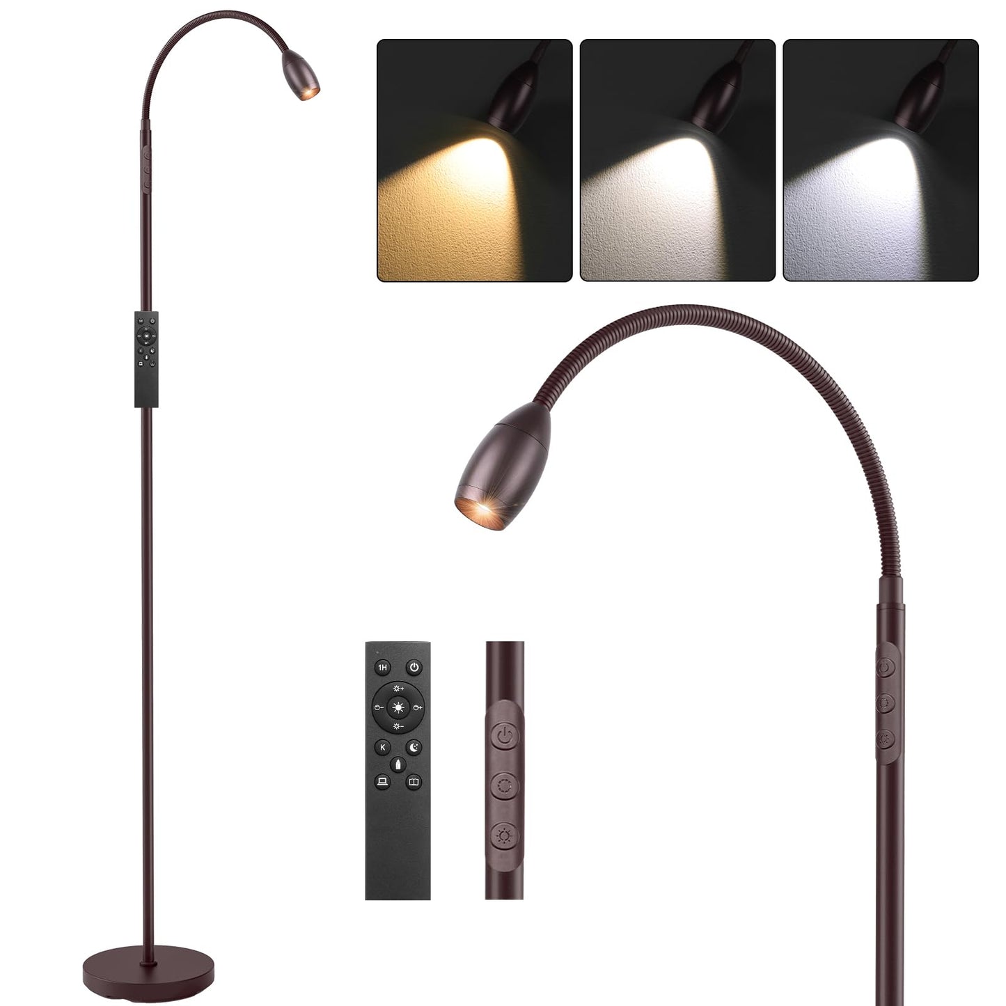 AUZONIMICS Reading Floor Lamp, 72in Tall LED, Dimmable Spotlight, Gooseneck, Oil-Rubbed Bronze, Model FLL-007-F2-ORB