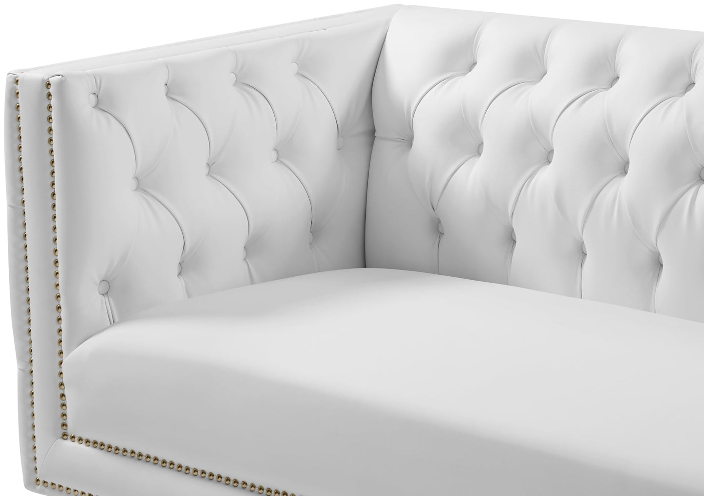 Meridian Furniture 651White-L Michelle Collection Modern | Contemporary Loveseat with Deep Button Tufting, Gold Nailhead Trim and Sturdy Gold Iron Legs, White Vegan Leather, 66" W x 34" D x 30" H