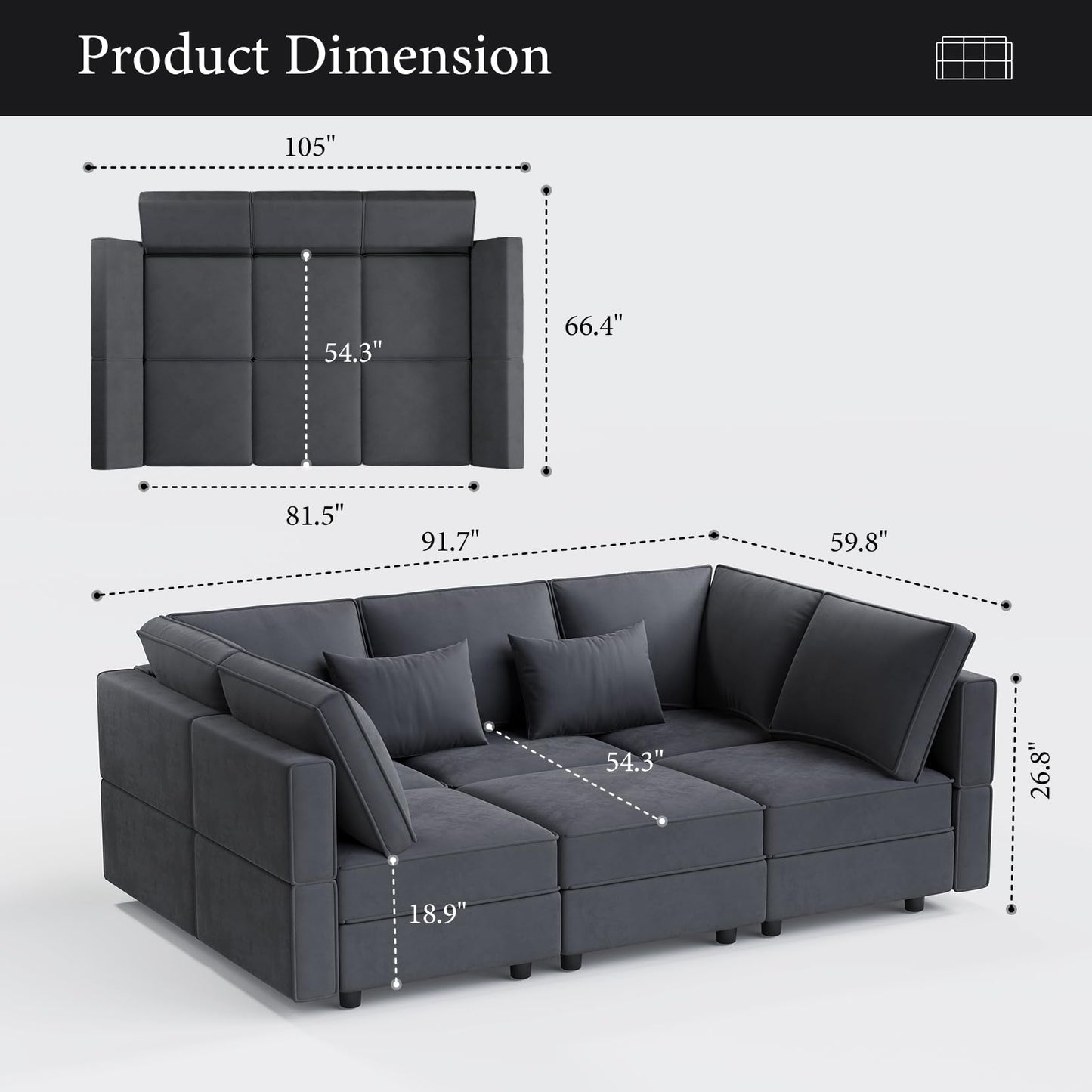 Vesgantti Sectional Sleeper Sofas with Storage, 92" Sofa Bed with 6 Seats Storage Chaises Removable Cover, Deep Seat Modular Couches Velvet Couch Set for Living Room, Apartment, Home Theater, Gray