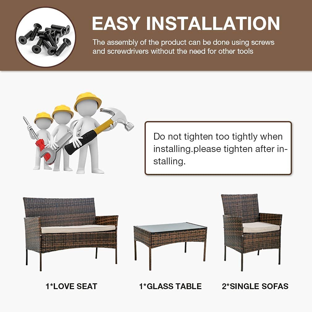 BestMassage Patio Furniture 4 Pieces Outdoor Indoor Use Rattan Chairs Wicker Conversation Sets for Backyard Lawn Porch Garden Balcony,Brown