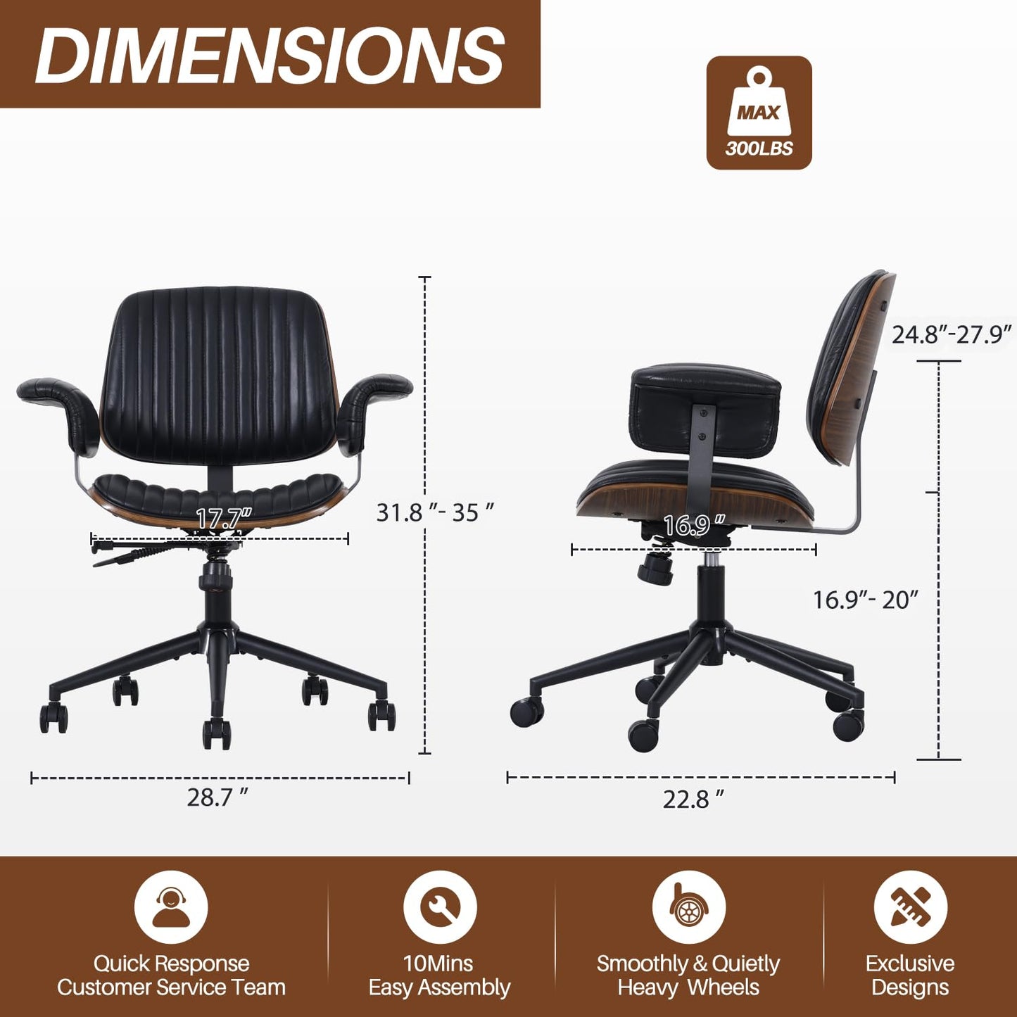 Leather Home Office Chair, Mid-Century Modern Executive Desk Chair with Padded Armrests, 360° Swivel Ergonomic Task Chair,Adjustable Height (PU Leather-Black)