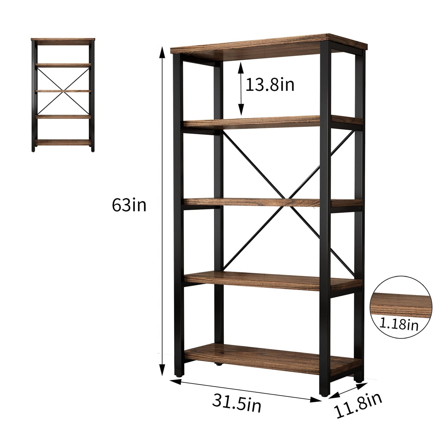 AY-AOYUAN 5 Tier Industrial Solid Wood Bookshelf, Open Etagere Bookcase with Metal Frame, Vintage Industrial Style Bookcase/Metal and Wood Bookshelf Furniture (AY01-5tier)
