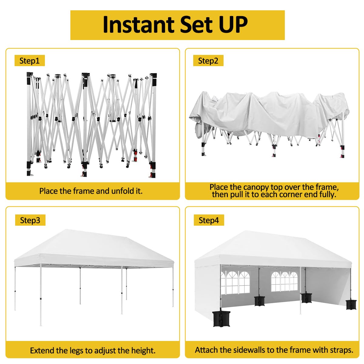 Eachbid 10' x 20' Pop Up Canopy Gazebo Commercial Tent with 4 Removable Sidewalls, Large Party Tent, Event Shelter Gazebo Canopy with 4 Sandbags, Stakes X12, for Patio Party Weddings Picnic (White)